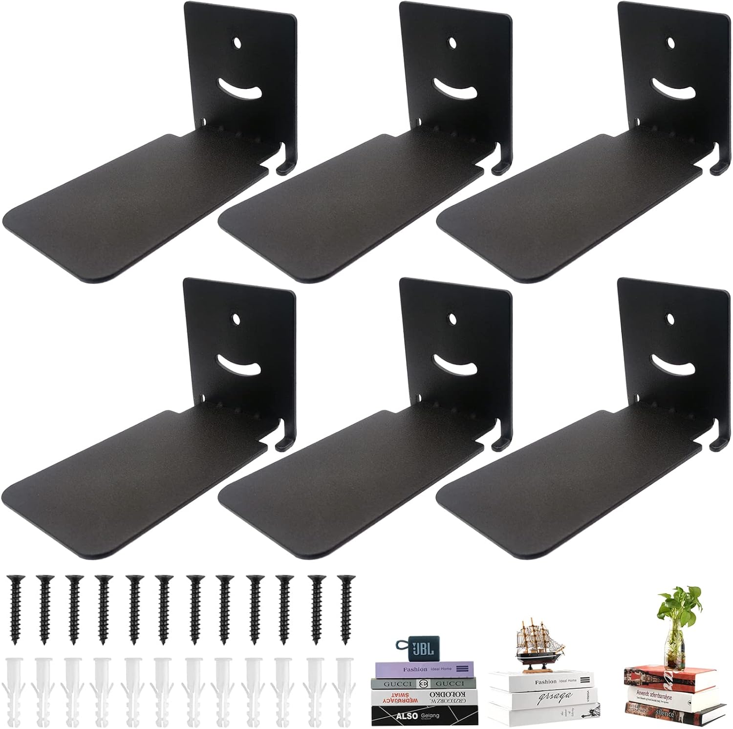 Invisible Floating Bookshelves Wall Mounted, Heavy-Duty Book Organizers, Iron Wall Mount Storage Shelves for Bedroom, Living Room, Classroom, Office, Library (Black,6 Pack)