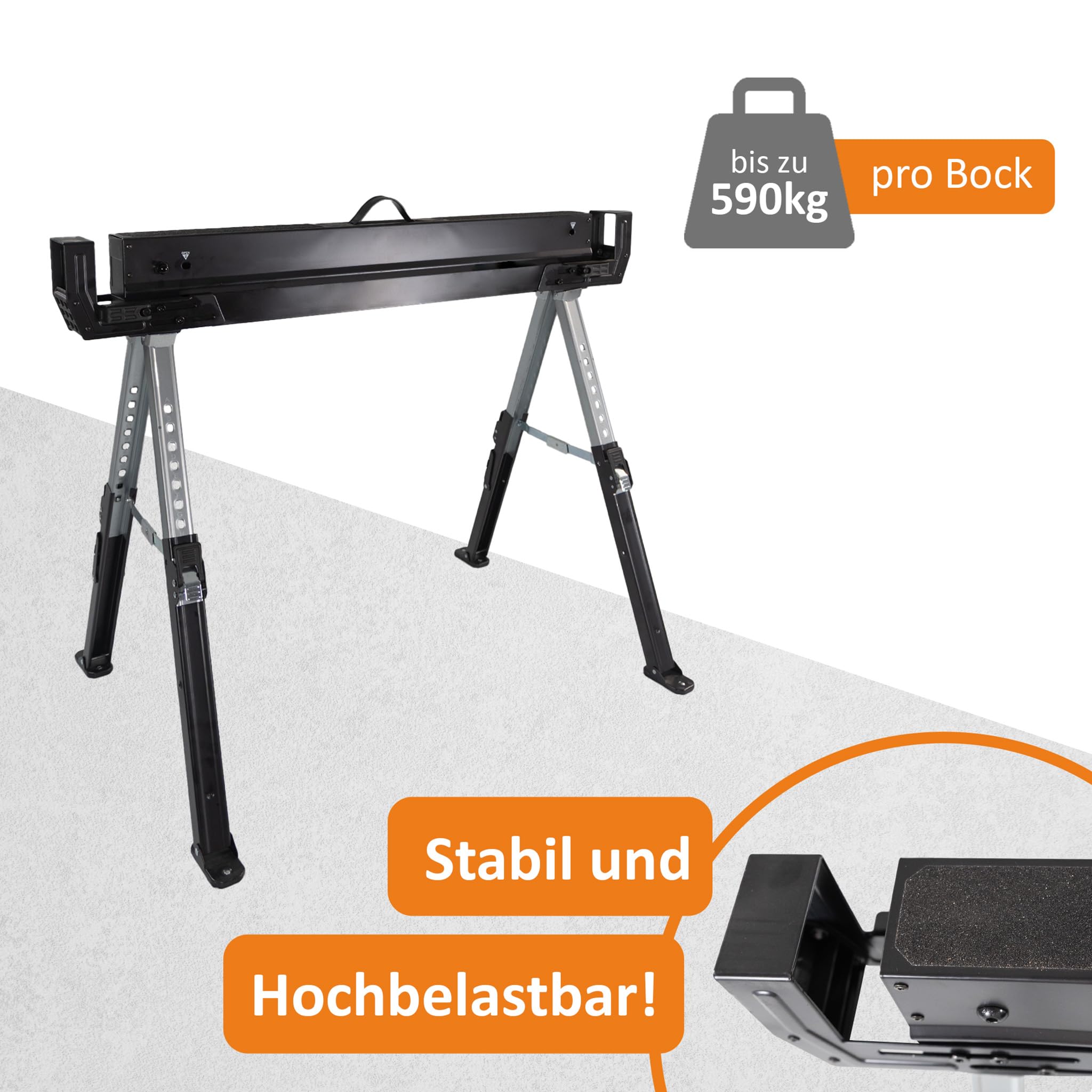Lemodo Premium Arbeitsbock höhenverstellbar | Klappbock 2er Set | Montagebock mit 590 kg Tragkraft | Unterstellbock mit verstellbaren Halterungen an der Seite