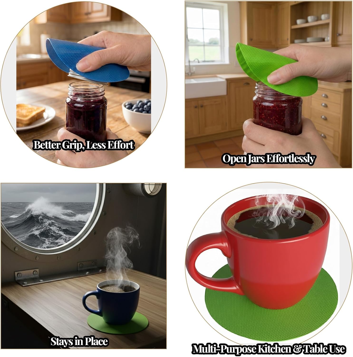 4 Rubber Jar Opener Grip Pads & 1 Cool Bottle Opener EDC Multi-Tool | Non-Slip Honeycomb Jar Gripper & Lid Opener | Coasters | Kitchen Gadgets | Gifts for Seniors with Arthritis & Weak Hands