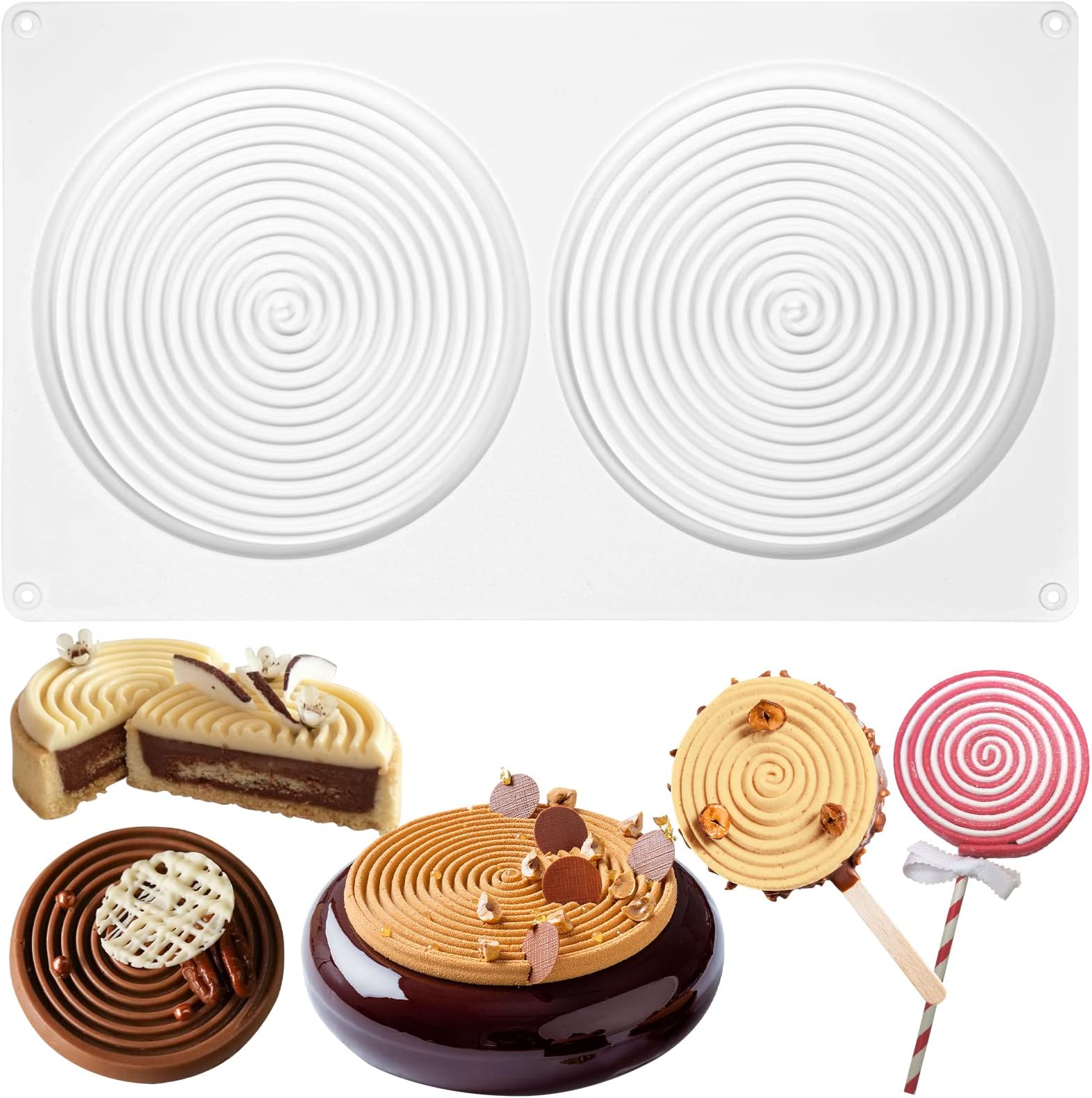 FUNSHOWCASE Tourbillon Round Silicone Mould Circle Baking Pan for Cheesecake, Mousse, Cookie, Chocolate, Rainbow Lollipop, Glaze, Layer, Cake 2-Cavity Disc Diameter 5.5inch