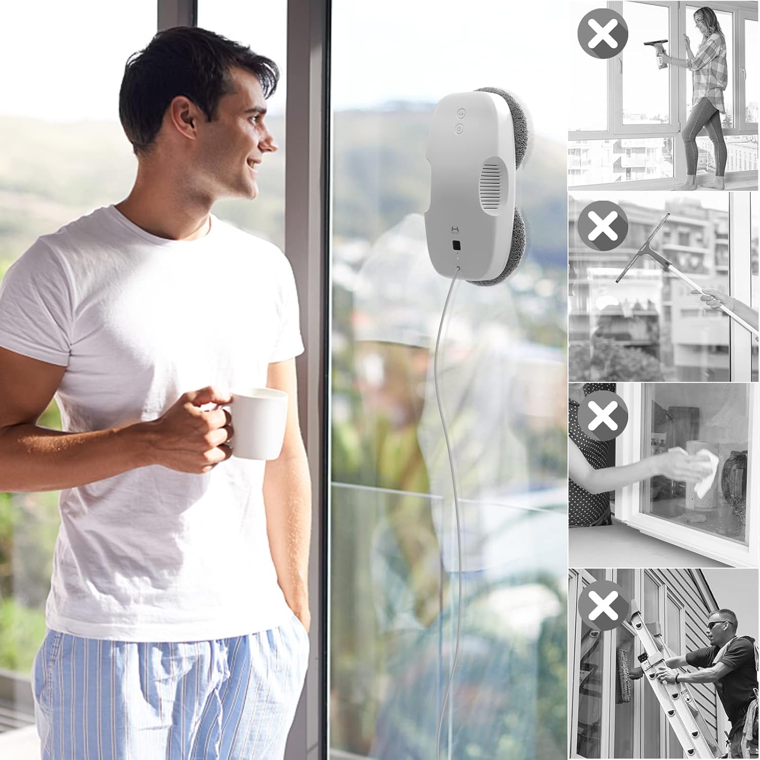 HUTT DDC55 ile pencere temizliği (manuel temizleme yöntemleri üzeri çizilmiş halde)