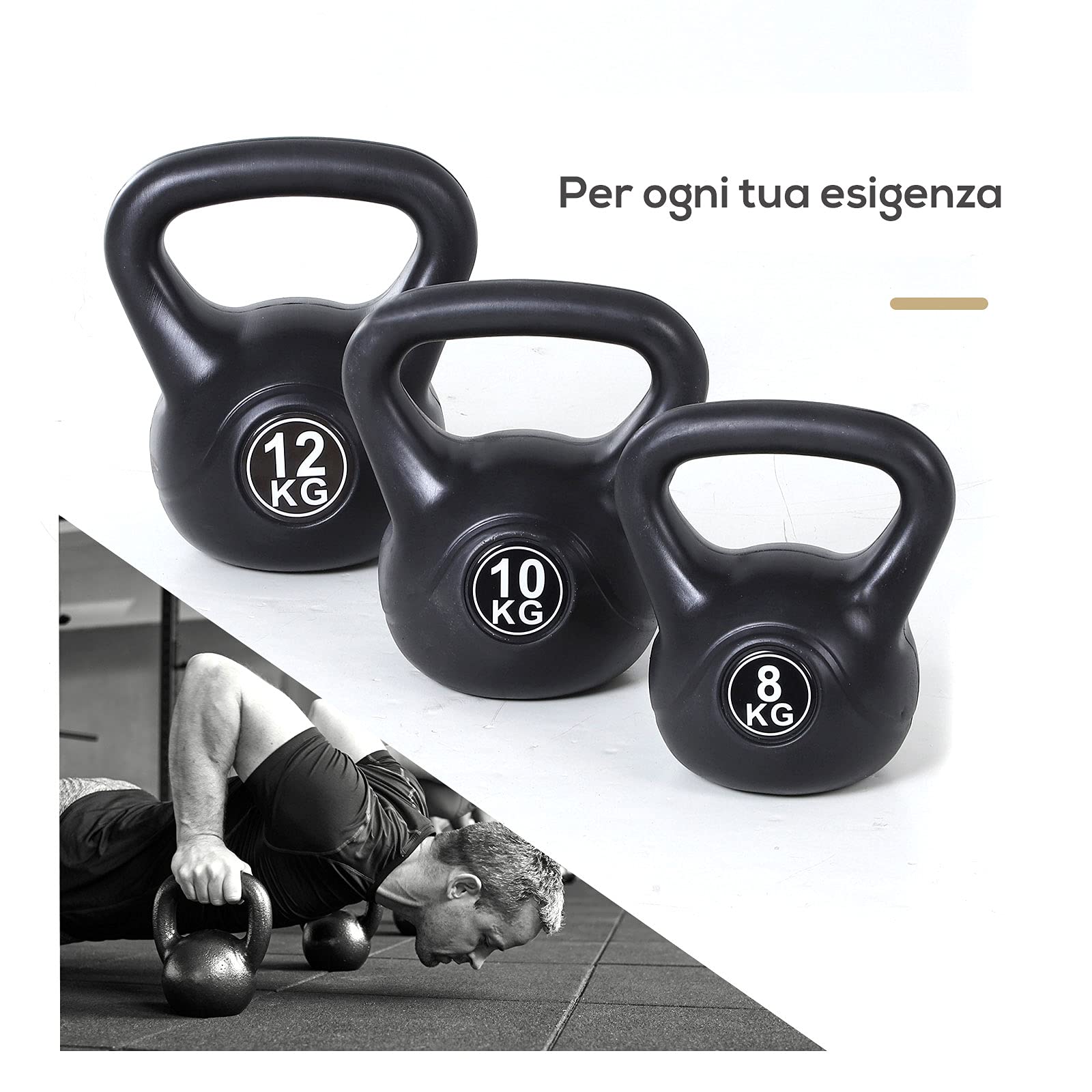 Kettlebell 12 kg, PVC e Sabbia, ø17cm, Nero