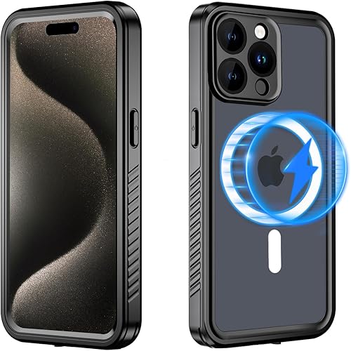 Funda magnética para iPhone 15 Pro impermeable con protector de pantalla integrado, compatible con MagSafe a prueba de golpes, a prueba de polvo,