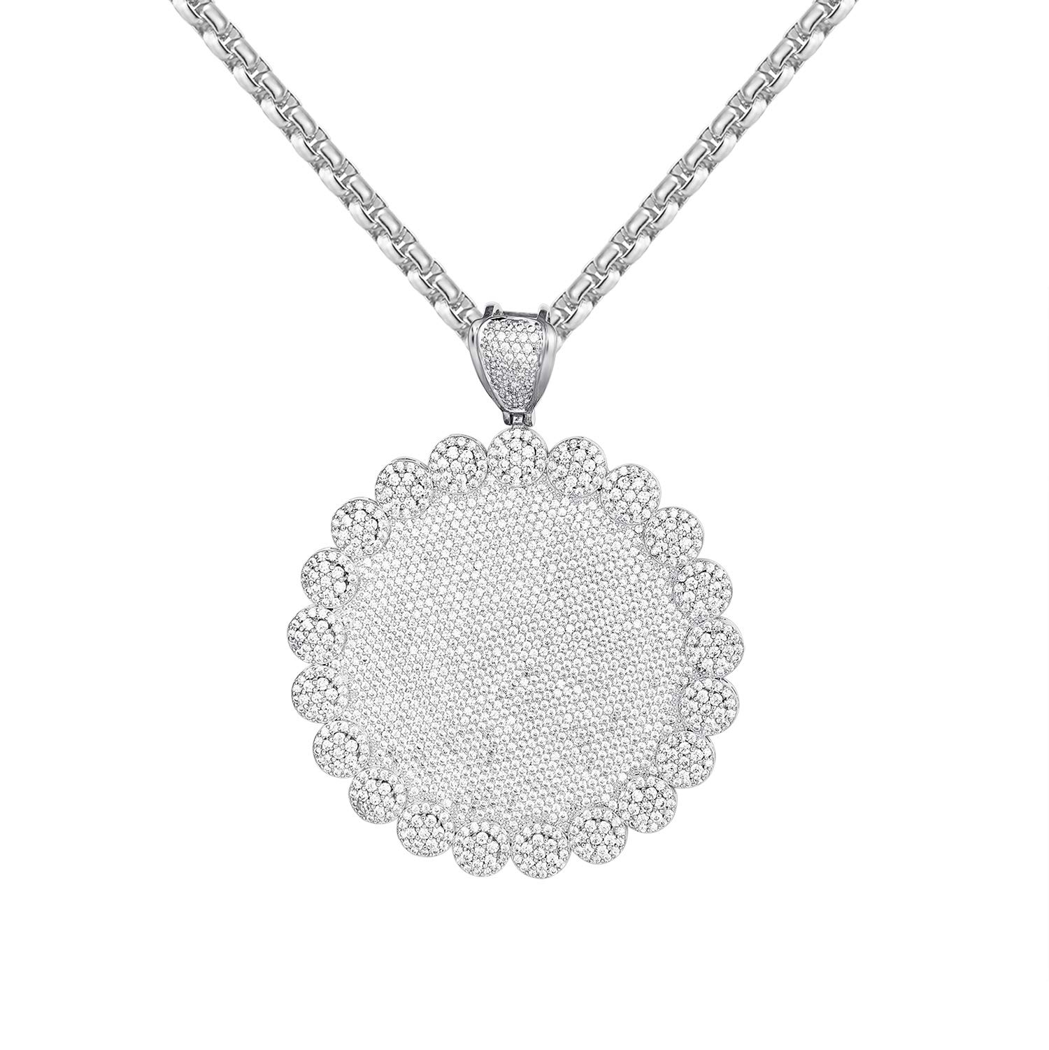 JuwlCity Men's Solitaire Iced Out 3D Flower Cluster Round Medallion Pendant Free Box Chain