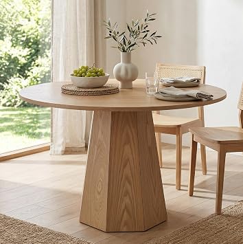 CIMOTA 39 Round Solid Wood Dining Table for 4-5 People, Modern Pedestal Kitchen Table with Octagon Base, Circle Tabletop/Natural Wood Grain Finish, for Dining Room/Kitchen/Small Space/Breakfast Nook