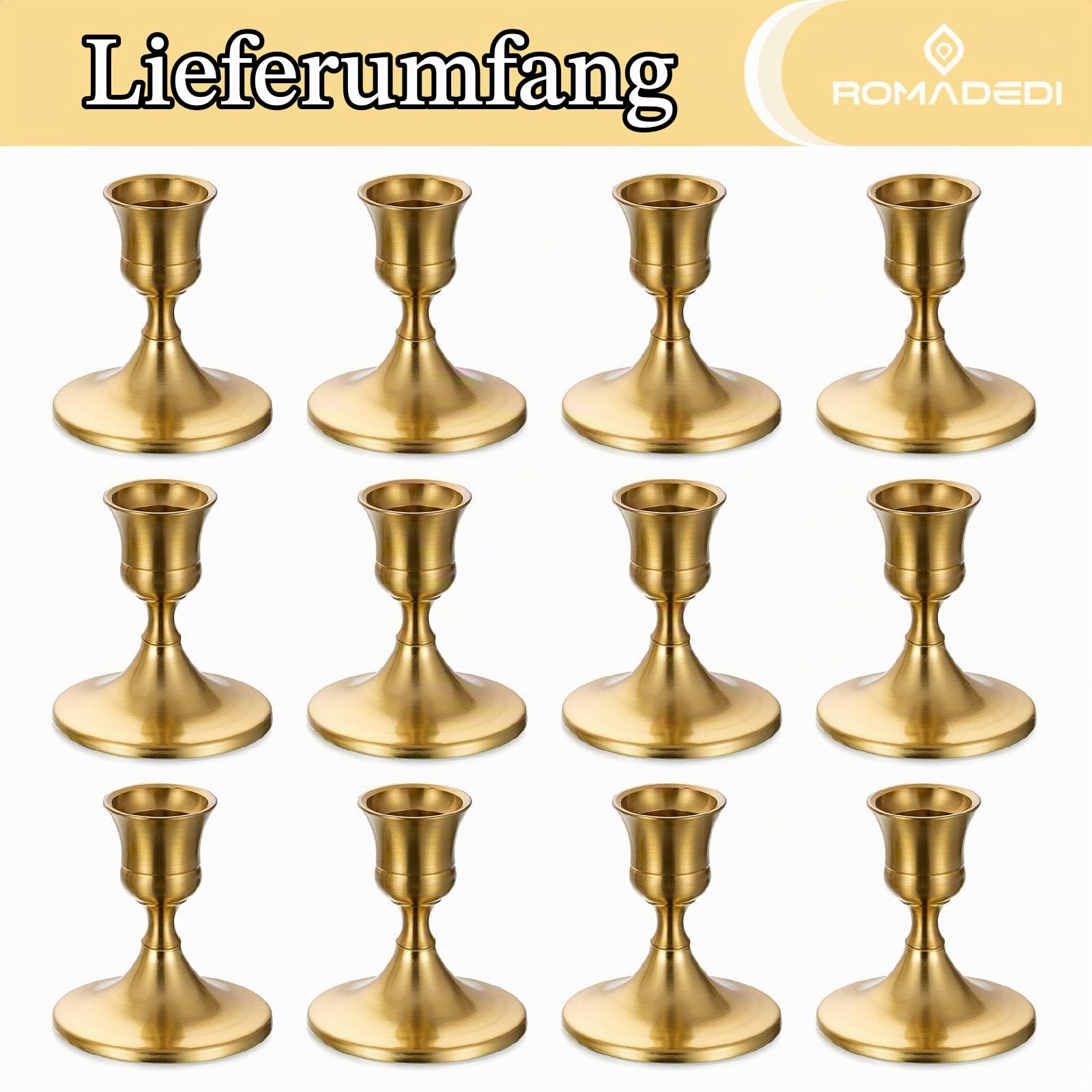 Romadedi Kerzenhalter für Stabkerzen aus Metall, 12er-Set, Gold
