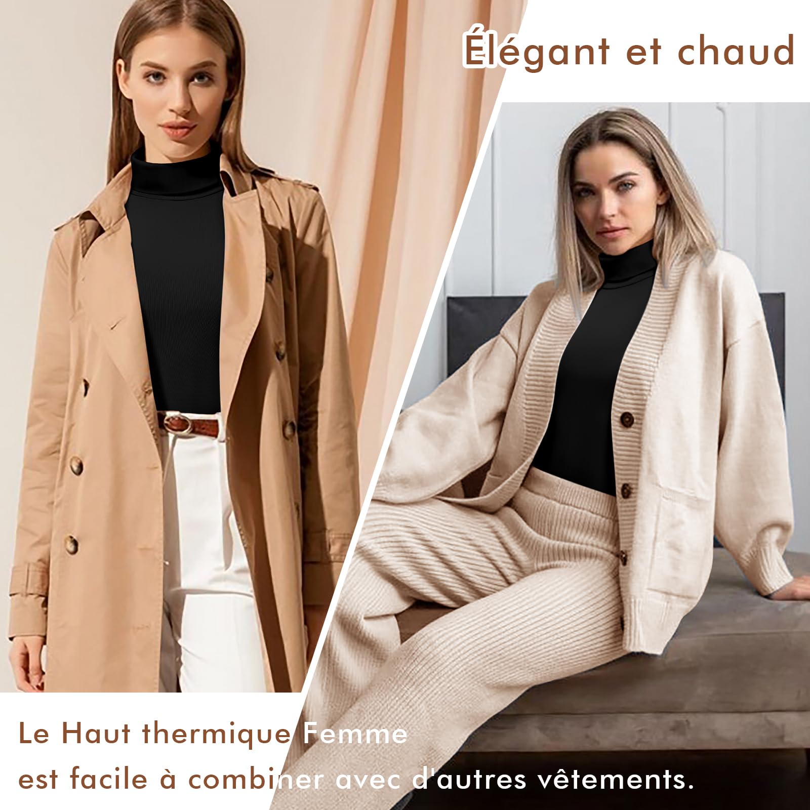 YARRCO Haut Thermique Femme Manche Longue Col roulé Casual sous-vêtements Thermiques Chaud & Léger Ski sous Pull t Shirt Hiver Doux et Confortable