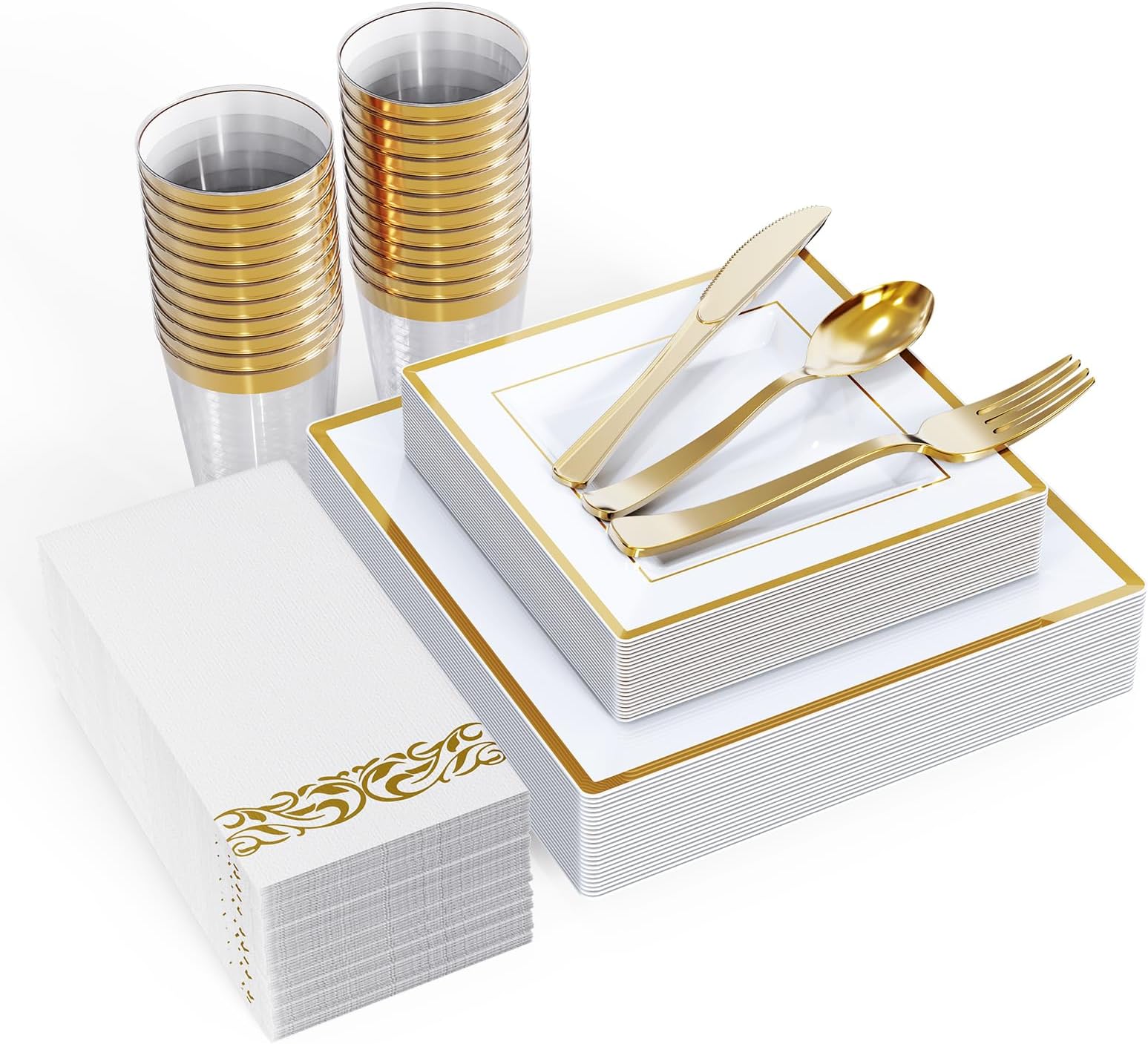 175 Count Gold Dinnerware Set for 25 Guests - Square Plastic Plates with Gold Rim, Includes 25 Disposable Dinner & Dessert Plates, Napkins, Cups, Cutlery Set for Wedding Parties