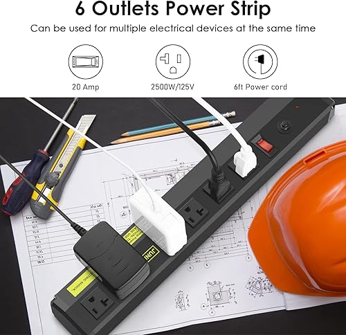 Miniatura 3 de JUNNUJ Regleta de alimentación de metal resistente de 20 amperios, protector de sobretensiones de alto amperio, 6 tomacorrientes, tiras de