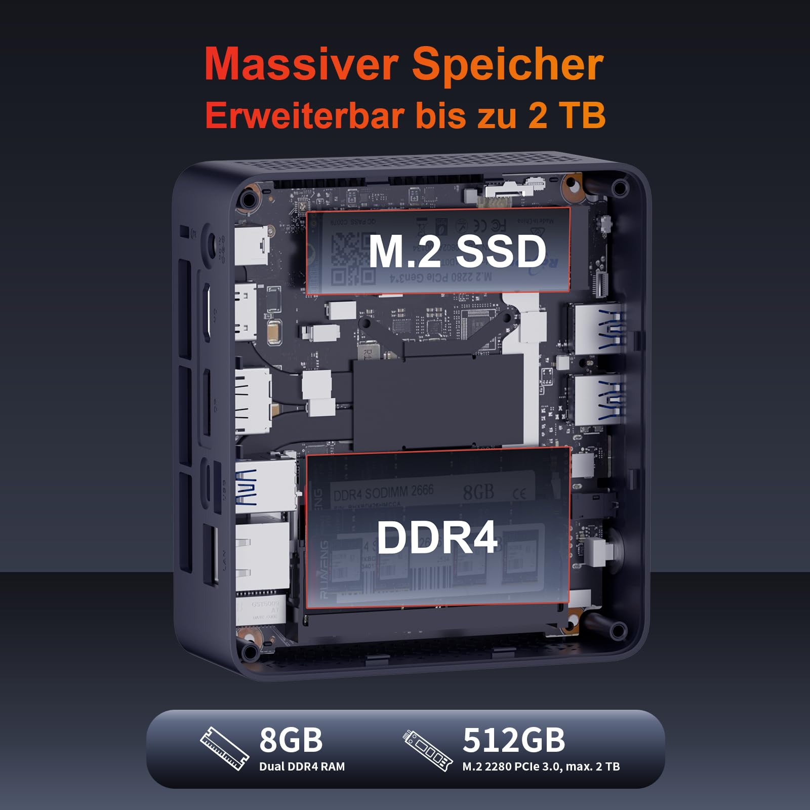 AWOW Mini PC AMD Ryzen Embedded R2514 (4 Kerne, bis 3,7 GHz), 8GB DDR4, 512GB PCIe 3.0 SSD, Radeon Graphics, 4K Display 1000M LAN,WiFi 5