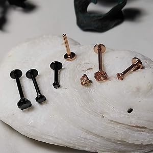 16g Push In 2mm/3mm Gold CZ Prong Type Labret, Surgical Steel Ball Piercing Tragus Cartilage Helix Lip Nose Piercings - Foto 10
