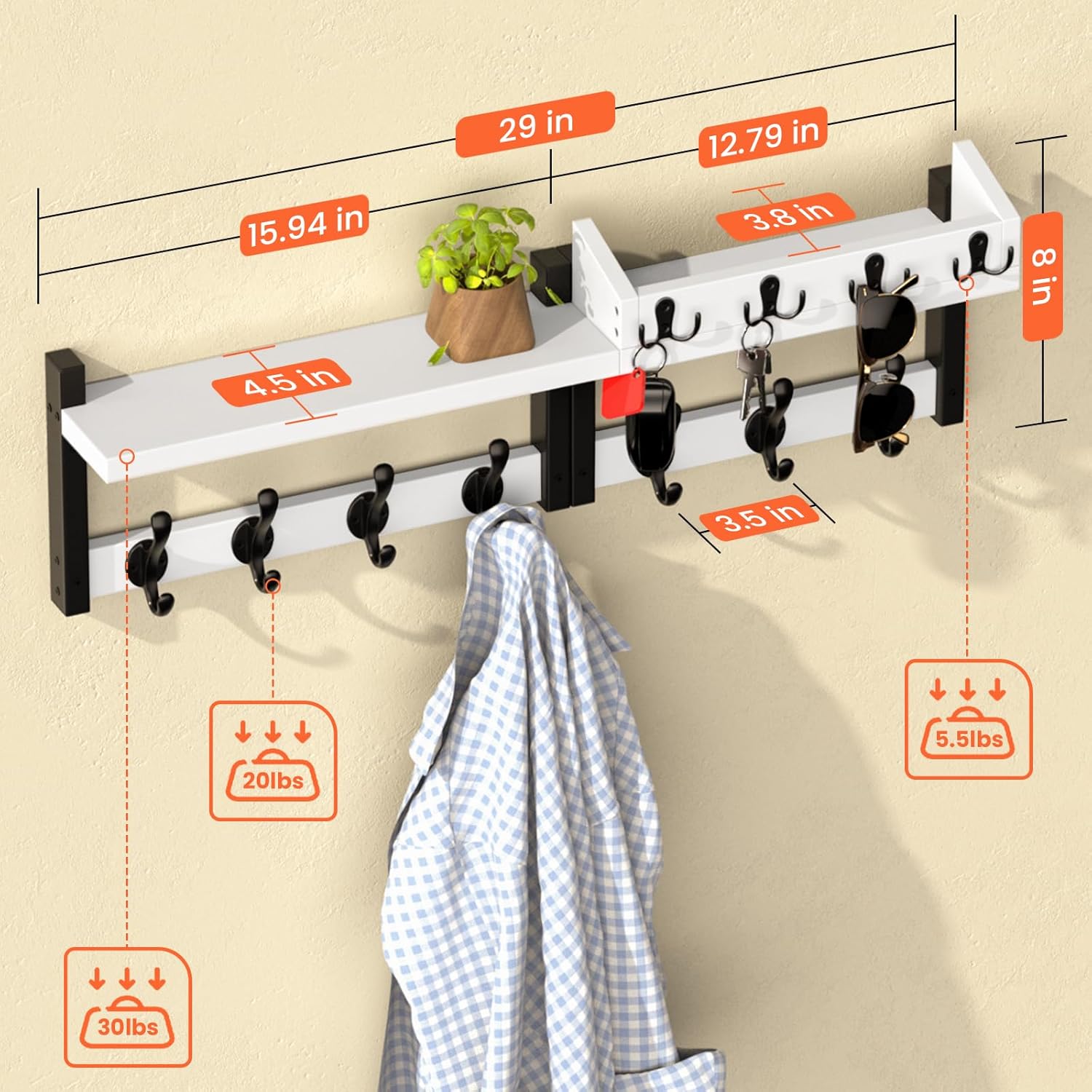 29'' White Coat Rack Wall Mount with Shelf, Solid Wood Coat and Key Hanger with 11 Metal Hooks, Farmhouse Wall Organizer for Mail, Entryway Wall Hangers for Hats, Clothes, Backpacks, Mudroom