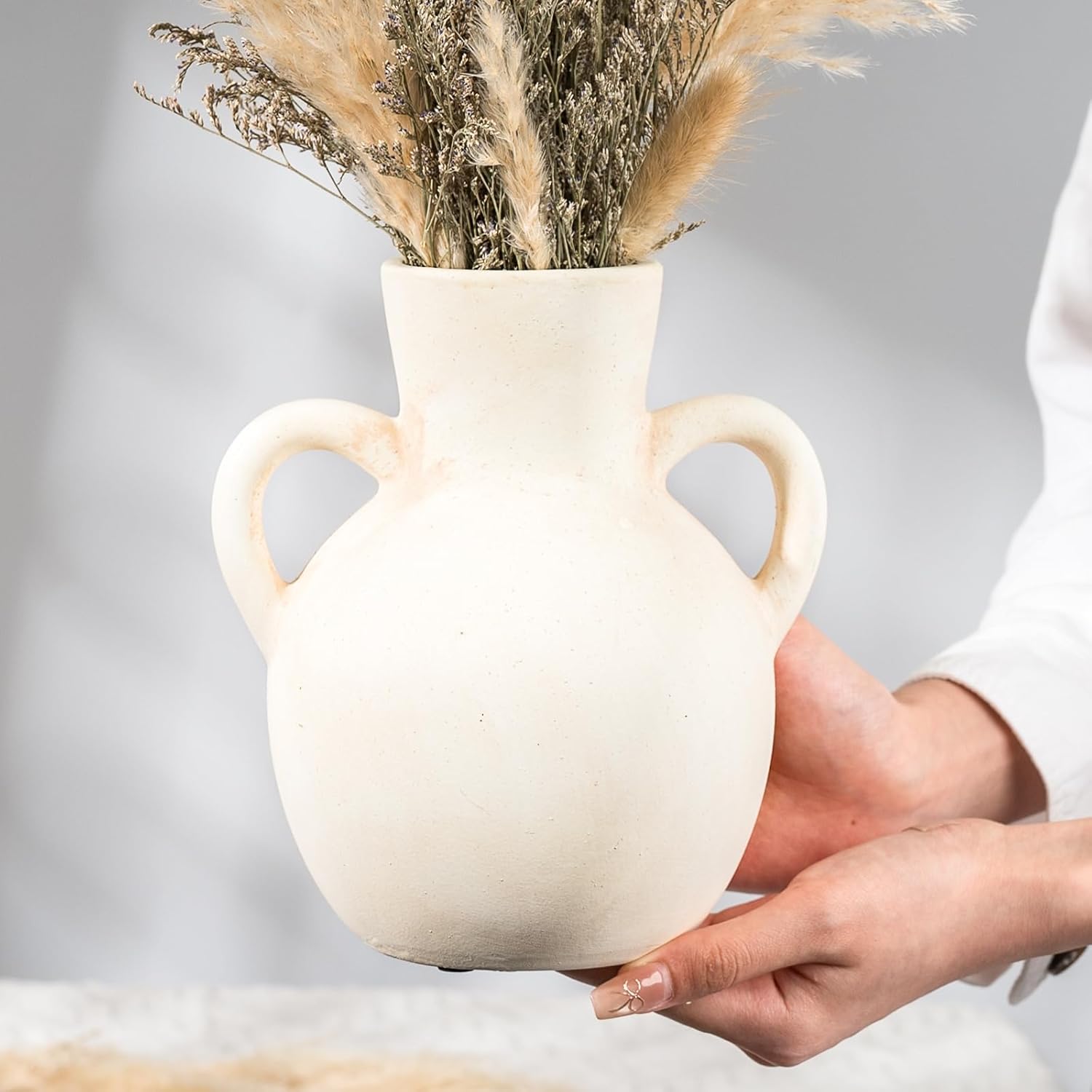 Rustic Ceramic Farmhouse Flower Vase with 2 Handles, Whitewashed Terra Cotta Vase, Decorative Pottery Flower for Home Decor, Table, Living Room, Shelf Decor, 7.3 Inch, White - Image 6