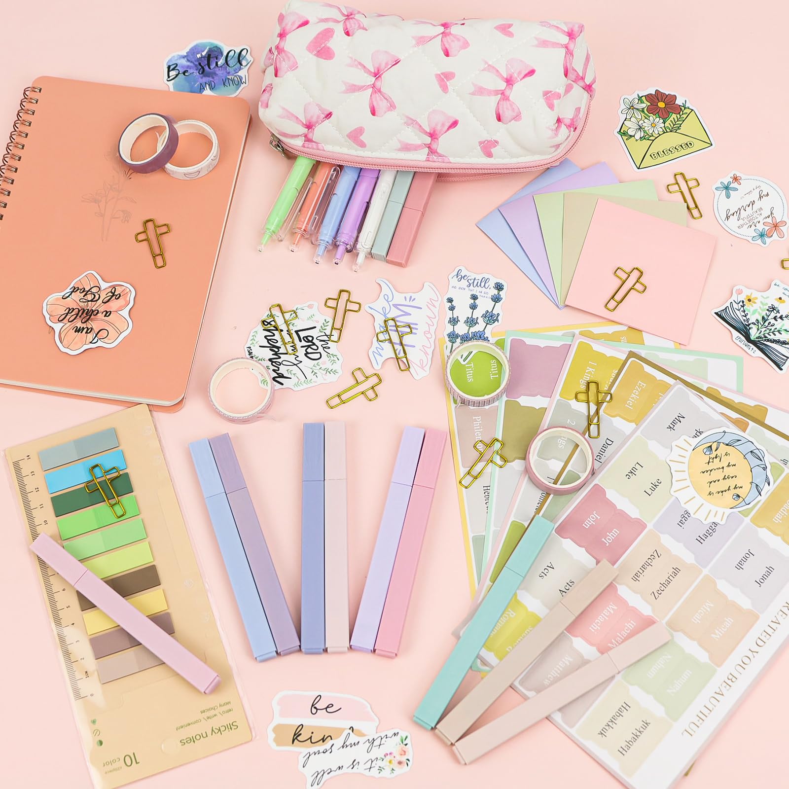 DRANSMIC Kit de diario de suministros de estudio bíblico con bolígrafo, pestañas, cuaderno y resaltador sin sangrado, kit de anotación de libro estético, regalos cristianos para mujeres, amigas