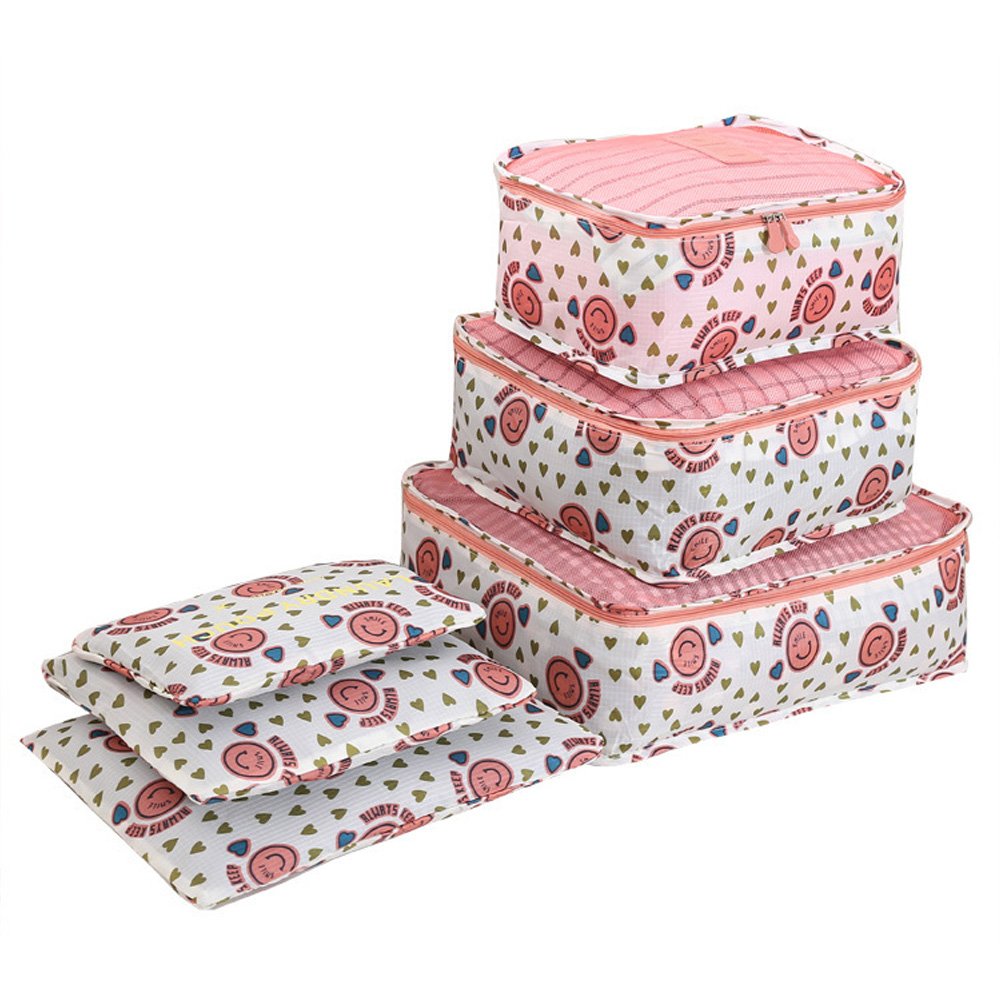 Travel Organizer Luggage Packing Organizer Space Save Storage Bags 6pcs, Waterproof Packing Cubes 3pcs + Pouches 3pcs (6pack, Pink Smile)