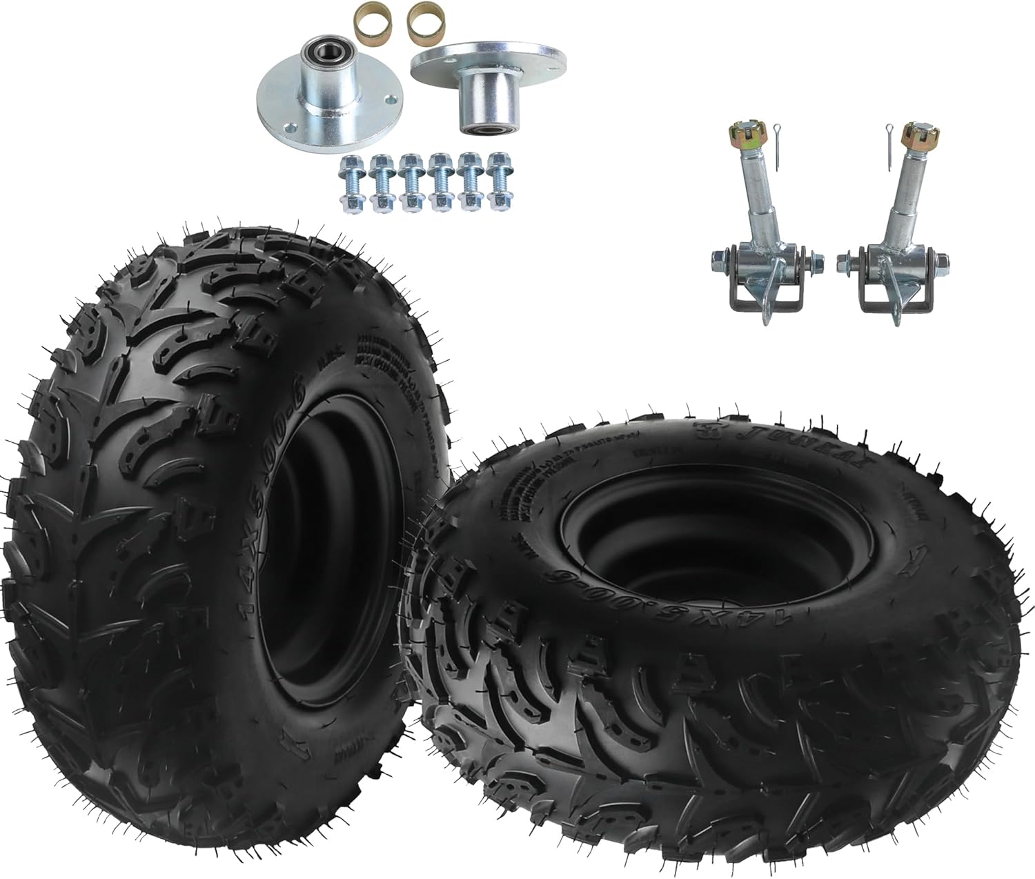 14x5.00-6 Tire and Wheel Assembly with Steering Knuckles Front Wheel Hubs 6 Inch 3-Lug 2-Ply Tubeless for ATV Go-Kart Quad Mini Bike Buggy Snow Blower Lawn Mower Taotao 70cc-125cc – Set of 2