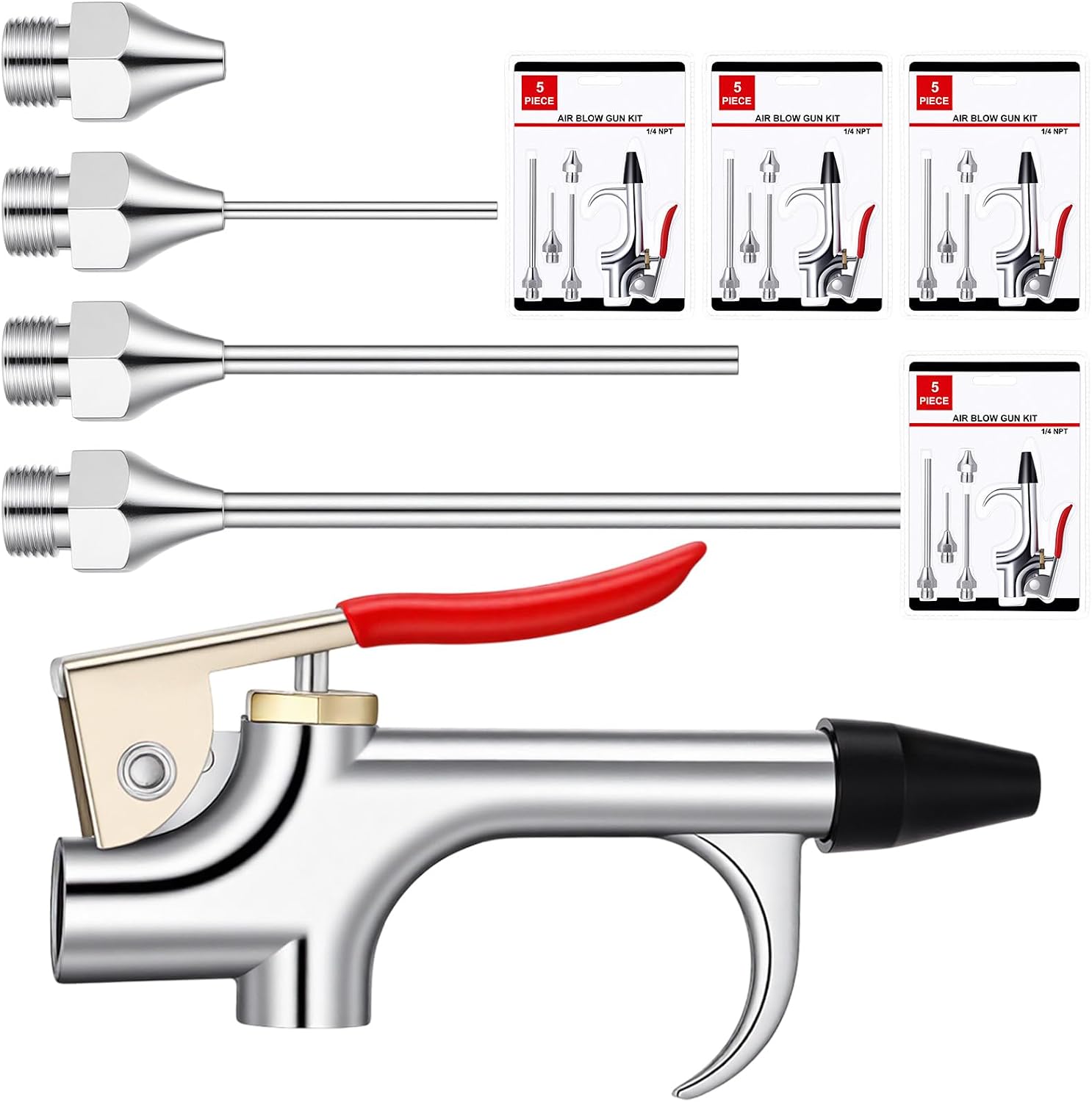 4 Sets Industrial Air Blow Gun with Adjustable Air-flow Nozzle and 3 Steel Flow Extension, Pneumatic Air Compressor Accessory Tool Dust Industrial Cleaning