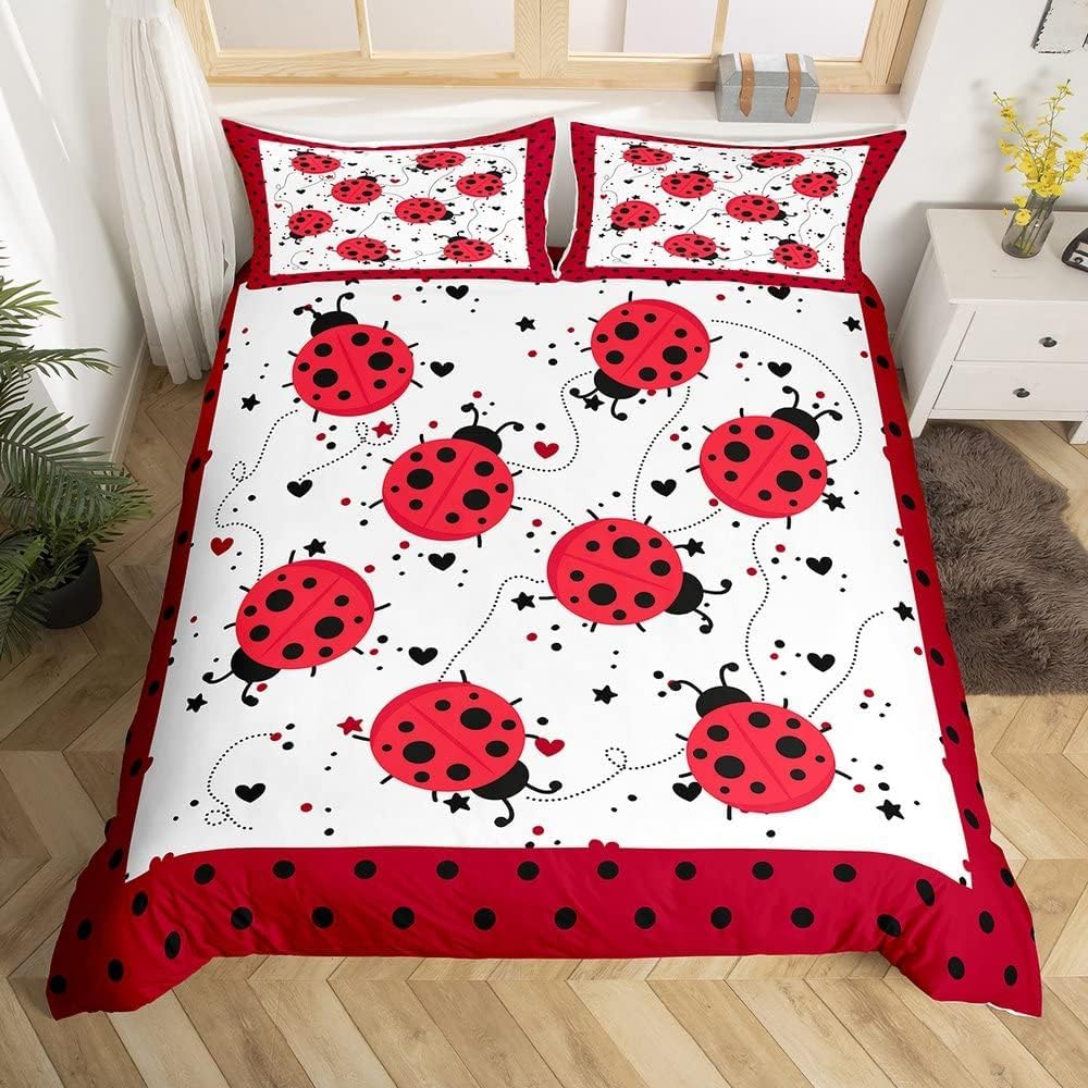 Homewish Red Ladybug Bedding Set King Size, Kids Cartoon Ladybugs Duvet Cover, Cute Ladybird Reptile Comforter Cover for Girls Teens Bedroom Decor, Beetles Bugs Pattern Quilt Cover, Red White Black — image 1