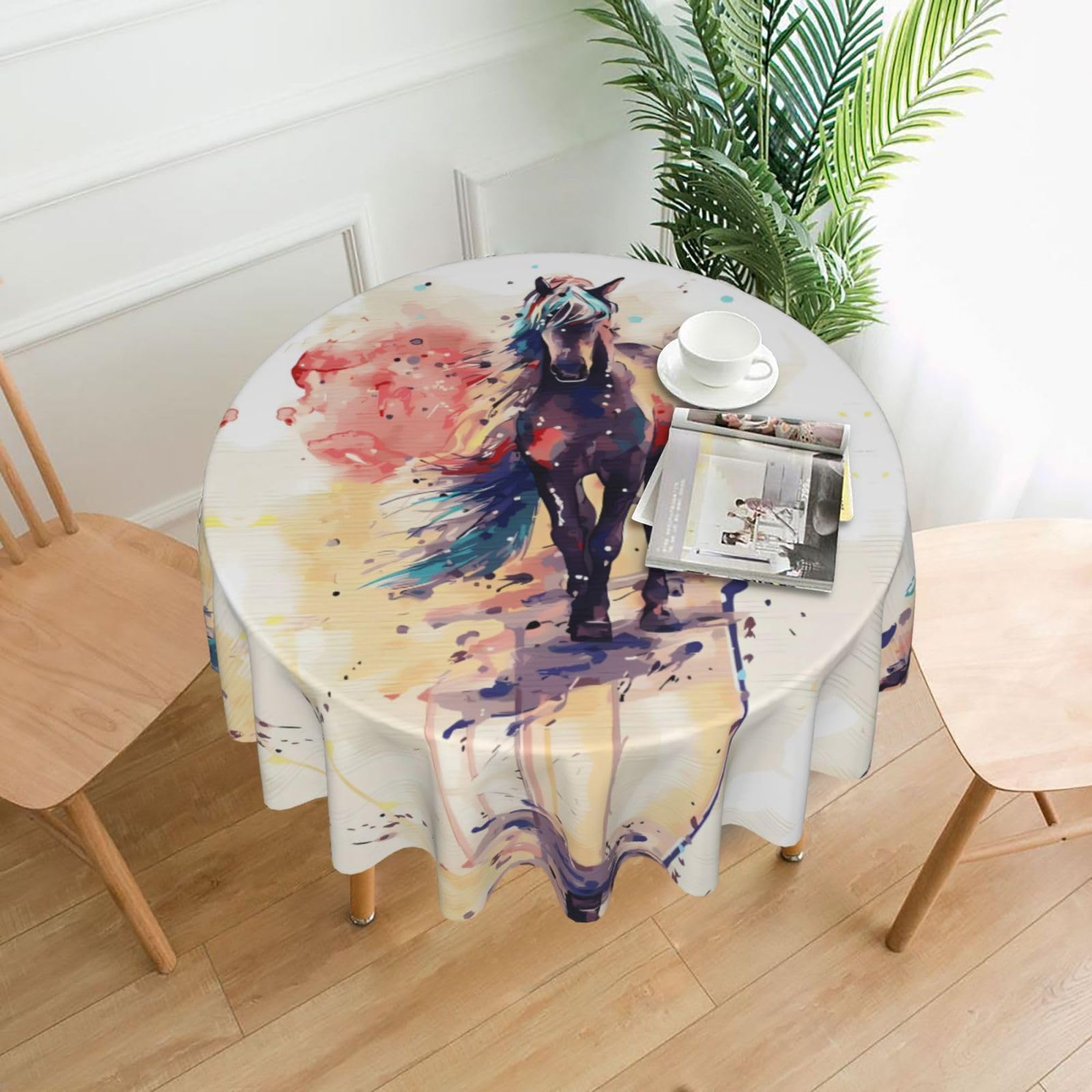 HJFCZH Watercolor Horse Prints Round Decorative Tablecloth 60in - High-Grade Polyester Throw for Dinners, Weddings & Everyday Use