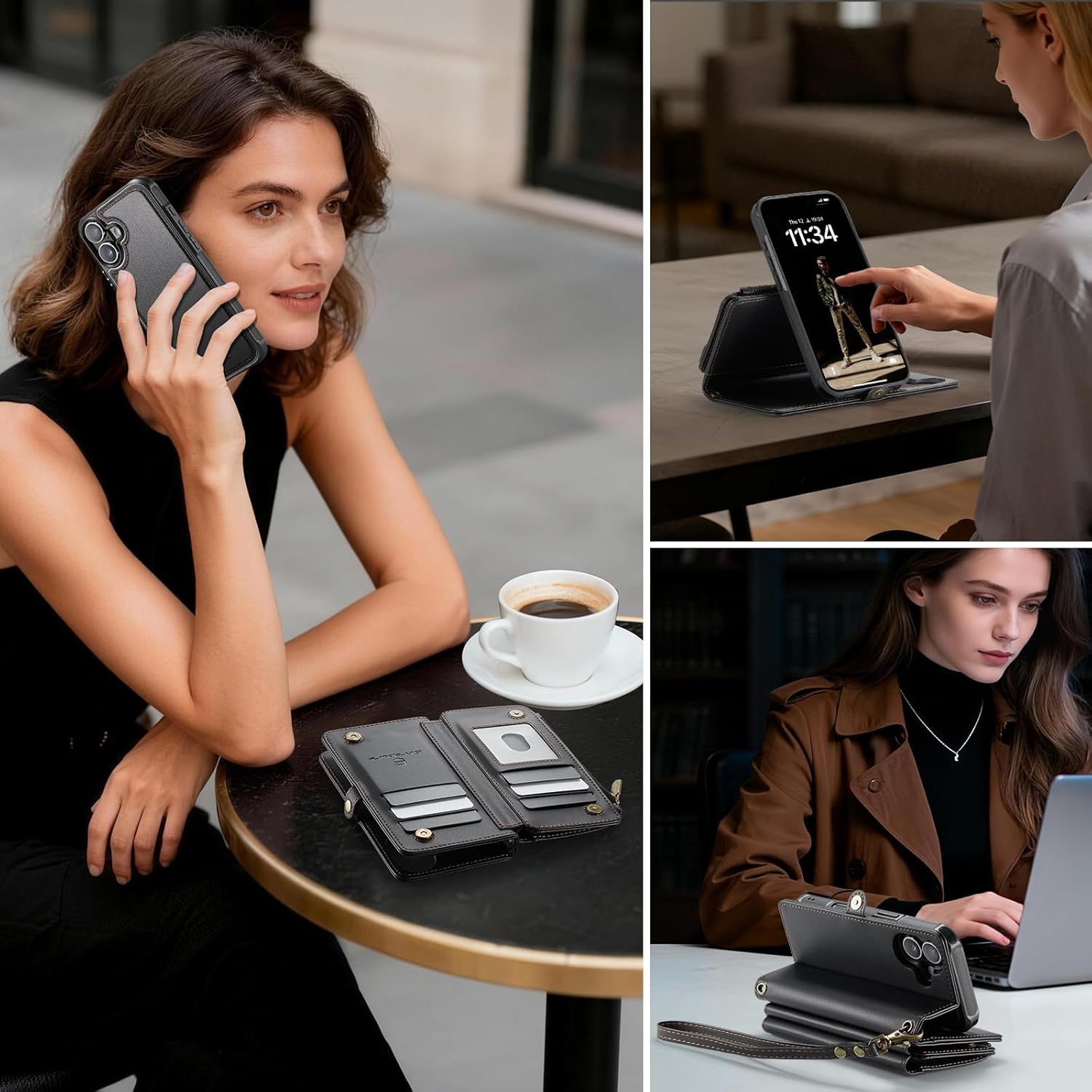 for iPhone 16 Detachable Wallet Case Compatible with Magsafe for Women, RFID Blocking 9-Card Holder Zipper Wrist Strap Lanyard PU Leather Magnetic Phone Case for iPhone 16 6.1", Black