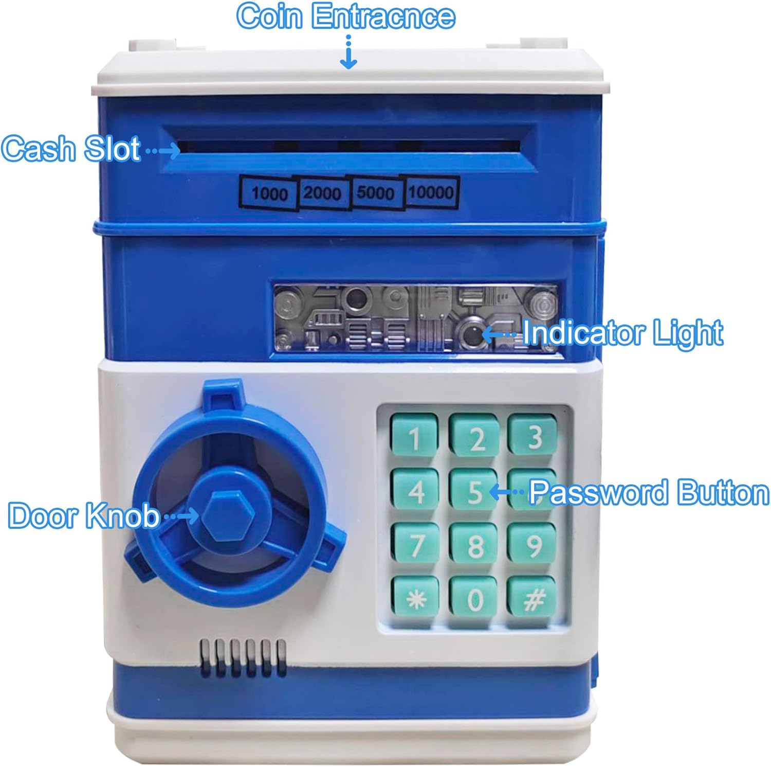 Clear and Unopenable Transparent Piggy Bank with 50 pcs Sticker (Medium) + Electronic Piggy Bank Mini ATM for Kids Baby Toy with Password (Deep Blue)