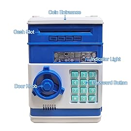Suliper Electronic Piggy Bank Code Lock for Kids Baby Toy, Mini ATM Safe Coin Cash Banks Real Money Saving Box with Password, Auto Money Scroll for Children,Boys Girls Birthday Gift (Blue)