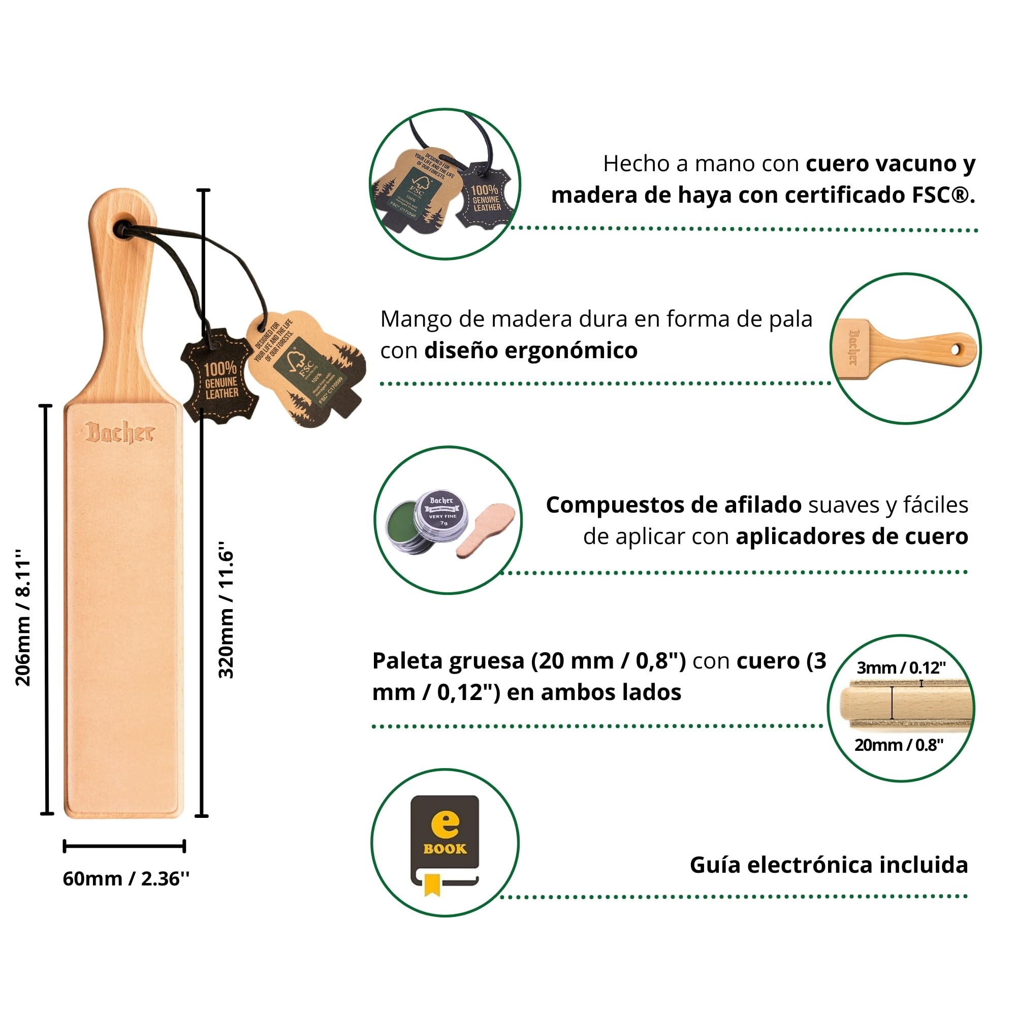 BACHER Premium Asentador de Cuero Strop para Cuchillos Paleta de madera dura cubierta concuero de curtido vegetal de 1/8"de grosor. Incluye un kit de 4 compuestos de afilado.