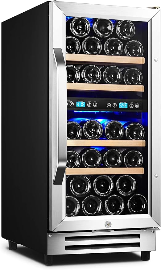 Karcassin 15 Inch Wine Cooler Refrigerator Mini Fridge 28 Bottle Stainless Steel Double Layer Glass Door Dual Temp Zones Wine Fridge For Red White Wine Under Counter Or Freestanding Amazon Ca Home