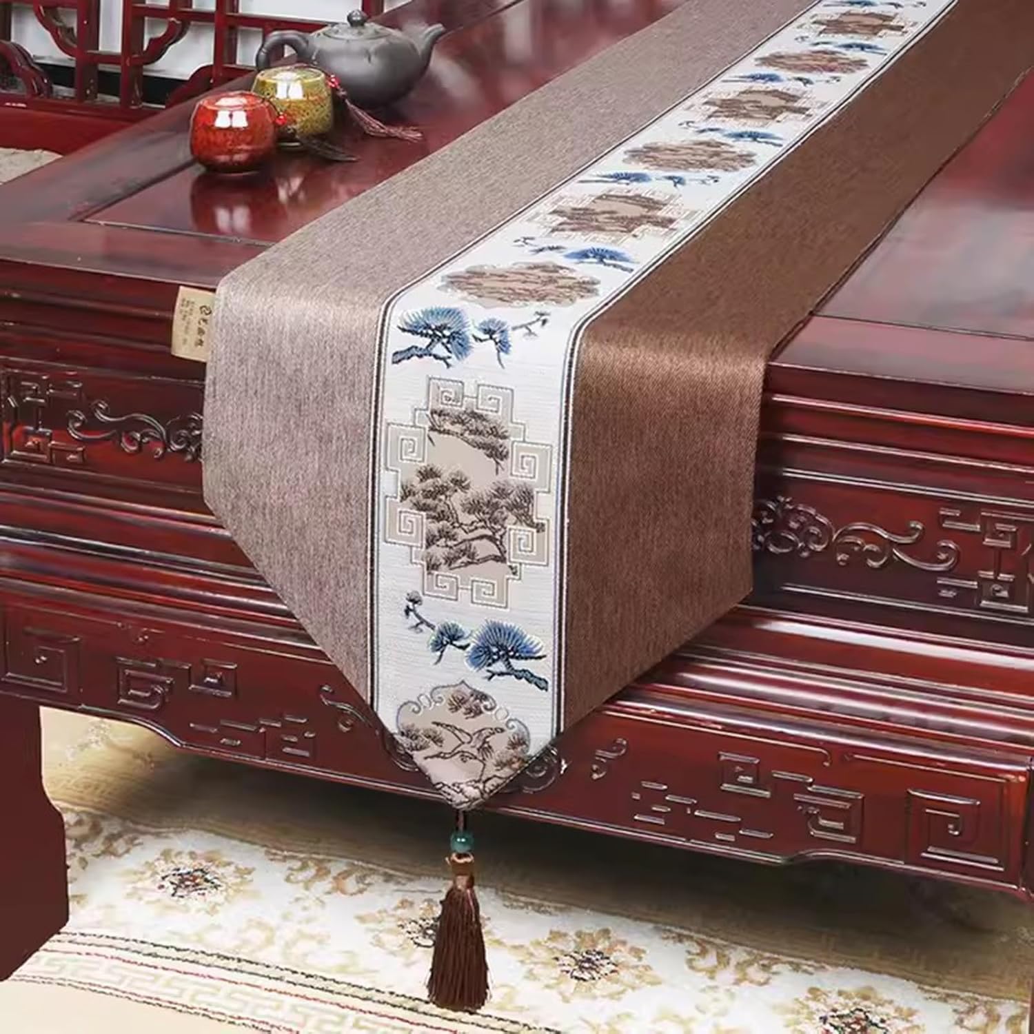 GTPBAO Table Runner with Hand-Made Tassel, Farmhouse Rustic Dresser Scarf for Dining Table Living Room Decor, Khaki & Brown (Color : Style1, Size : 33x280cm/13x110.2in)