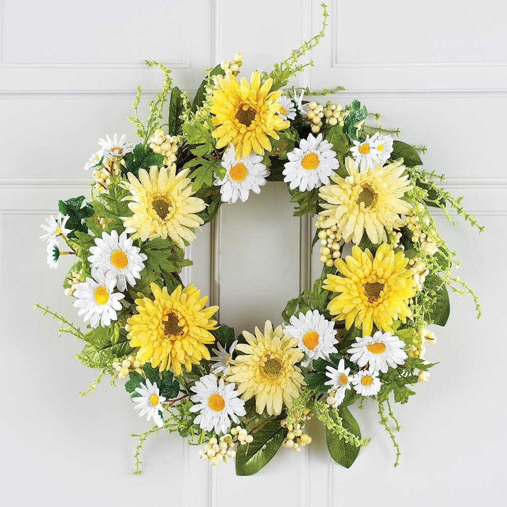 Collections Etc Yellow and White Daisy Wreath, Green
