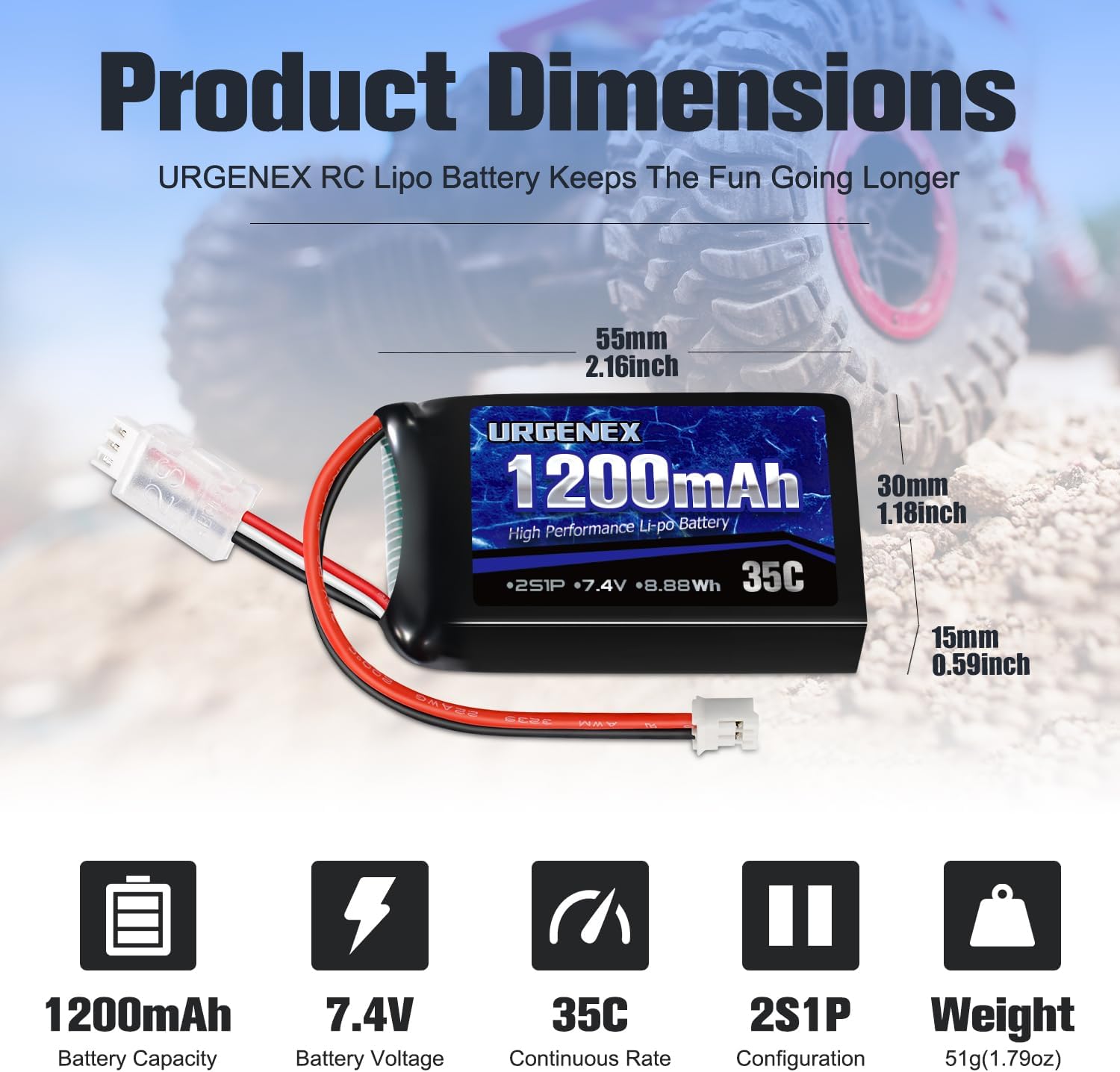 URGENEX SCX24 Battery 7.4V Lipos 2S 35C(Burst 70C) 1200mAh Rechargeable Lithium Battery with PH2.0 Plug Compatible with Most 1/10, 1/16, 1/18, 1/24 Scale RC Cars Trucks