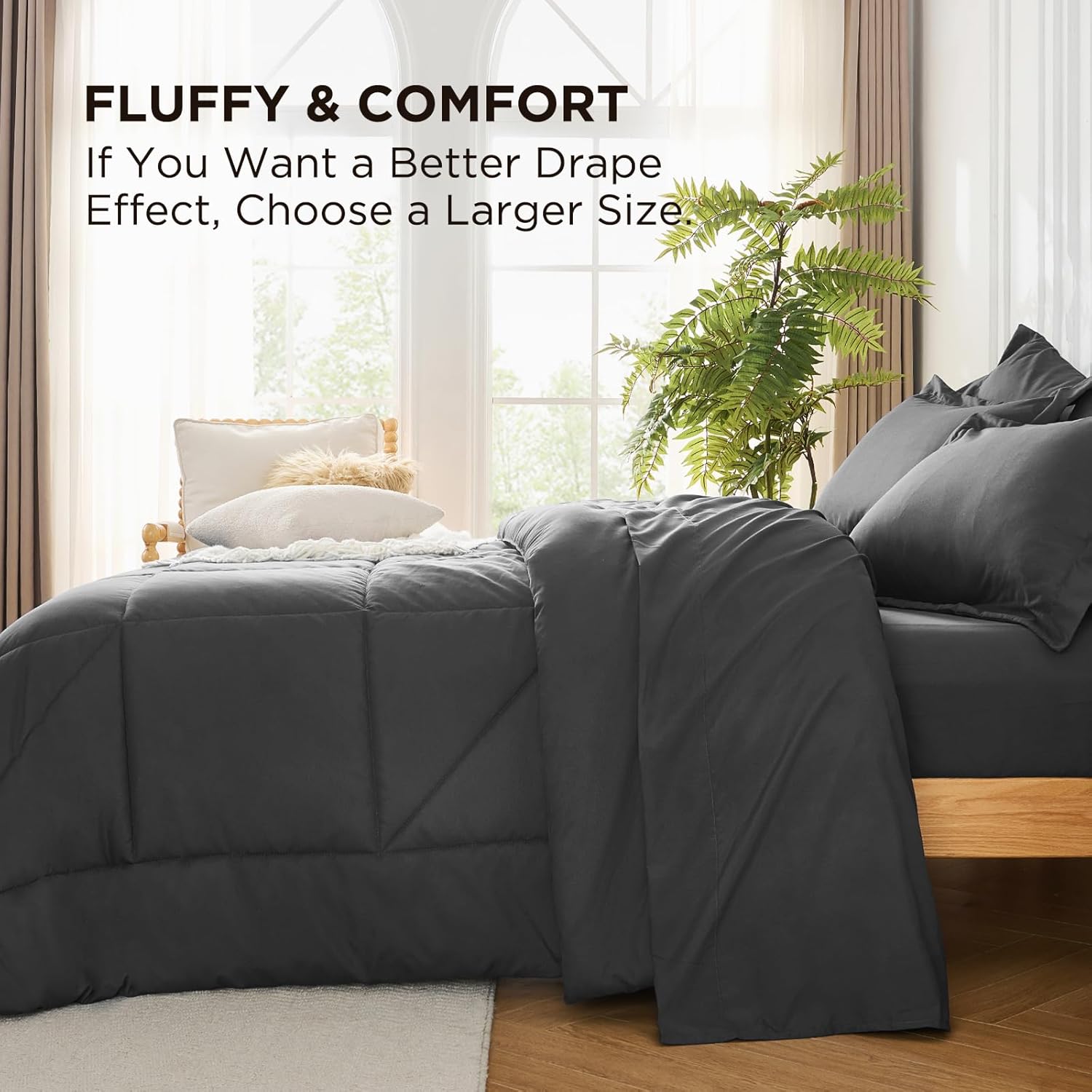 7 Pieces Queen Comforter Set - Utral Soft Microfiber Bedding Set, Thick Duvet Insert Bed in a Bag Without Rustling Noise for All Season, Dark Grey (88"x88") - Image 6