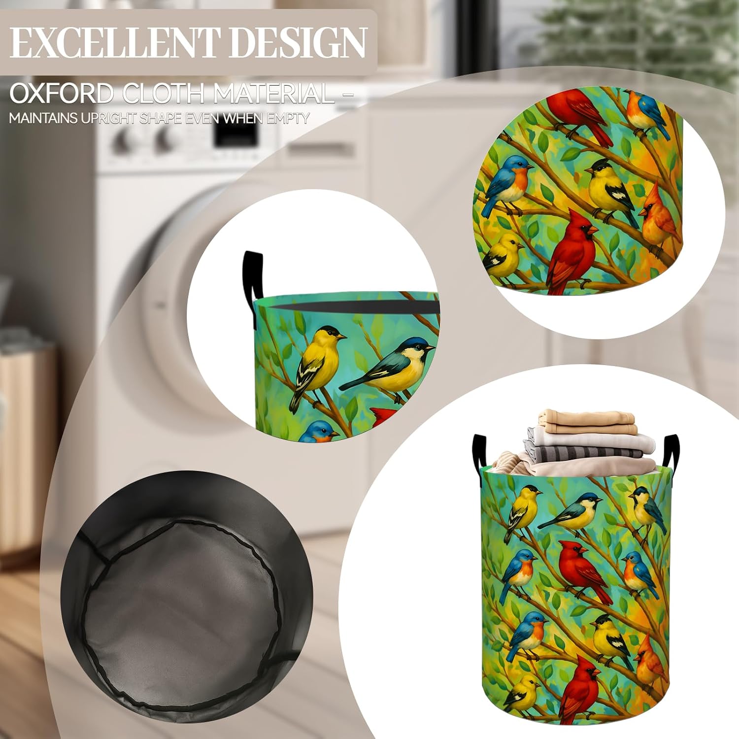 Bird Laundry Basket, Bright Rustic Songbird Waterproof Fabric Hamper with Handles, Spring Branch Decorative Design for Apartment Closet, 19.7x15.7 Inch Foldable Clothes Organizer Gifts