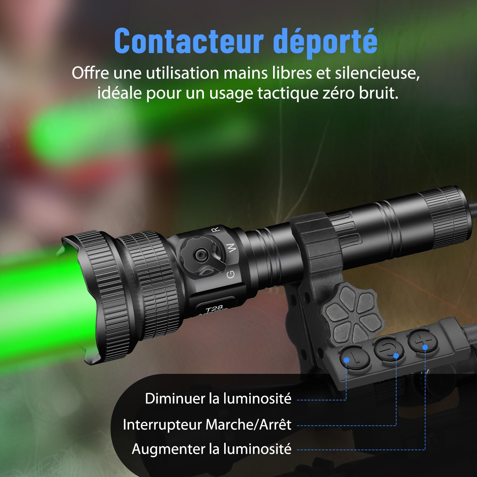 Brinyte T28 Lampe Torche Zoom 3-En-1 Rouge Blanc Vert Extérieur | Variateur Continu, Interrupteur Rotatif, Longue Portée, Lampe Tactique, Interrupteur Distance, Deux Supports, Camping