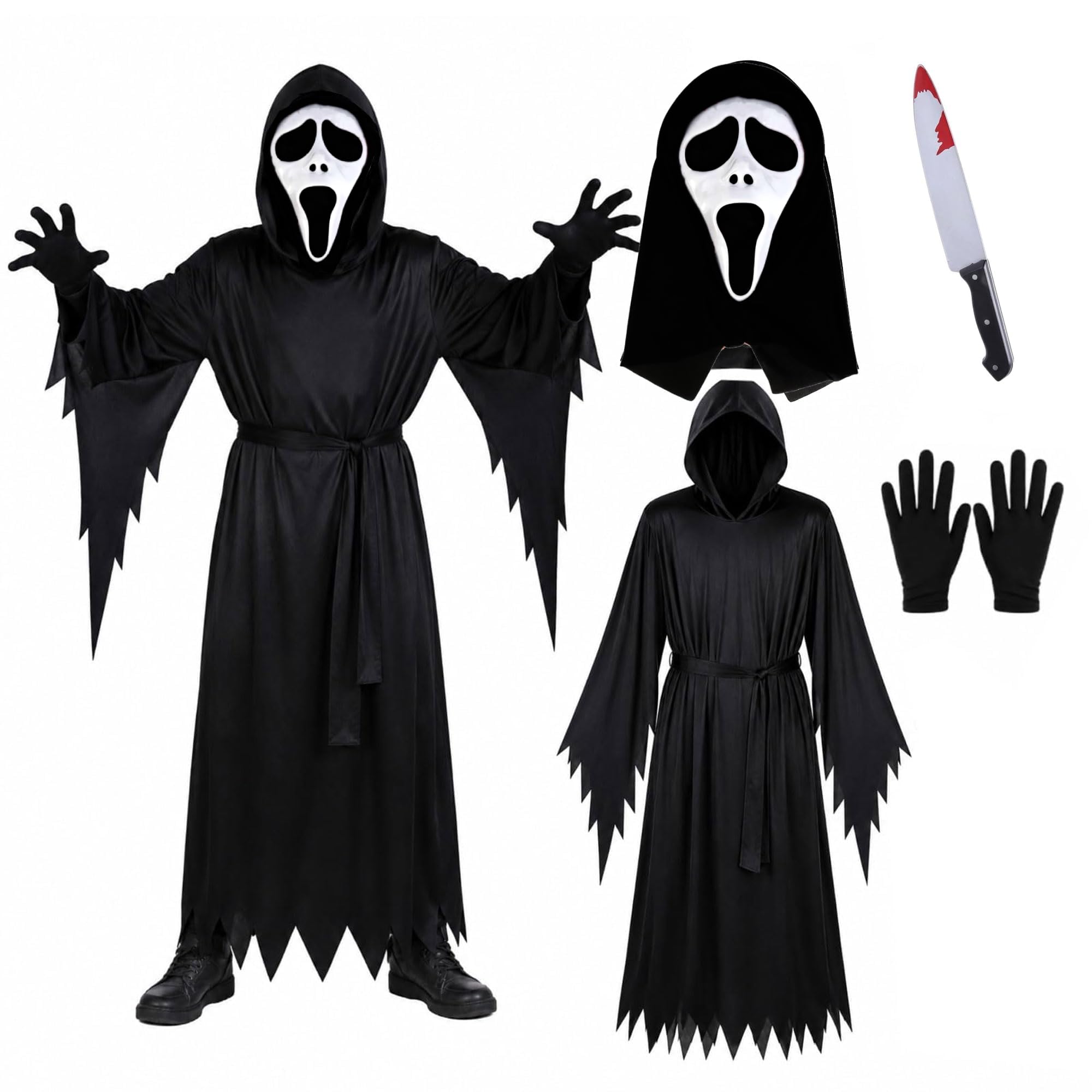 Adults Ghost Killer Face Costume, Scary Grim Reaper Costume Includes With Hooded Cloak, Gloves, Mask & Fake Knife Halloween Costumes Mens, 4 Pcs Set 1, L