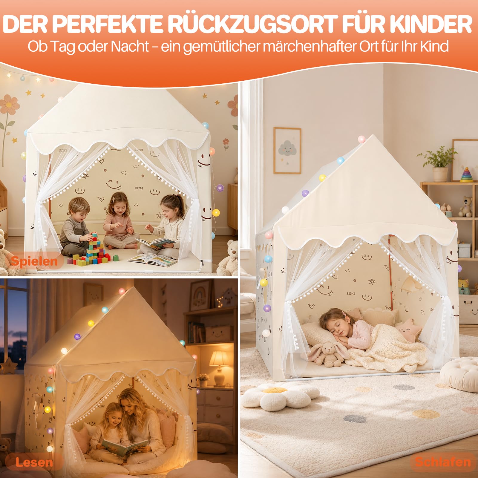 FUNYKICH Kinder Spielzelt, Kinderzelt Robust Innen & Außen 120x100x130cm | Metallstangen, inkl. Lichter, tragbar, Waschbares, Belüftung, werkzeugloser Aufbau, multifunktionales Spielhaus, für 2–3 Kids