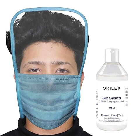 Allextreme Combo of 200 ml Sanitizer & ORMFS05 Disposable 3 Ply Face Mask with Eye Shield Anti Spittle Splash Personal Protection for Medical & Outdoor (5 PCS)