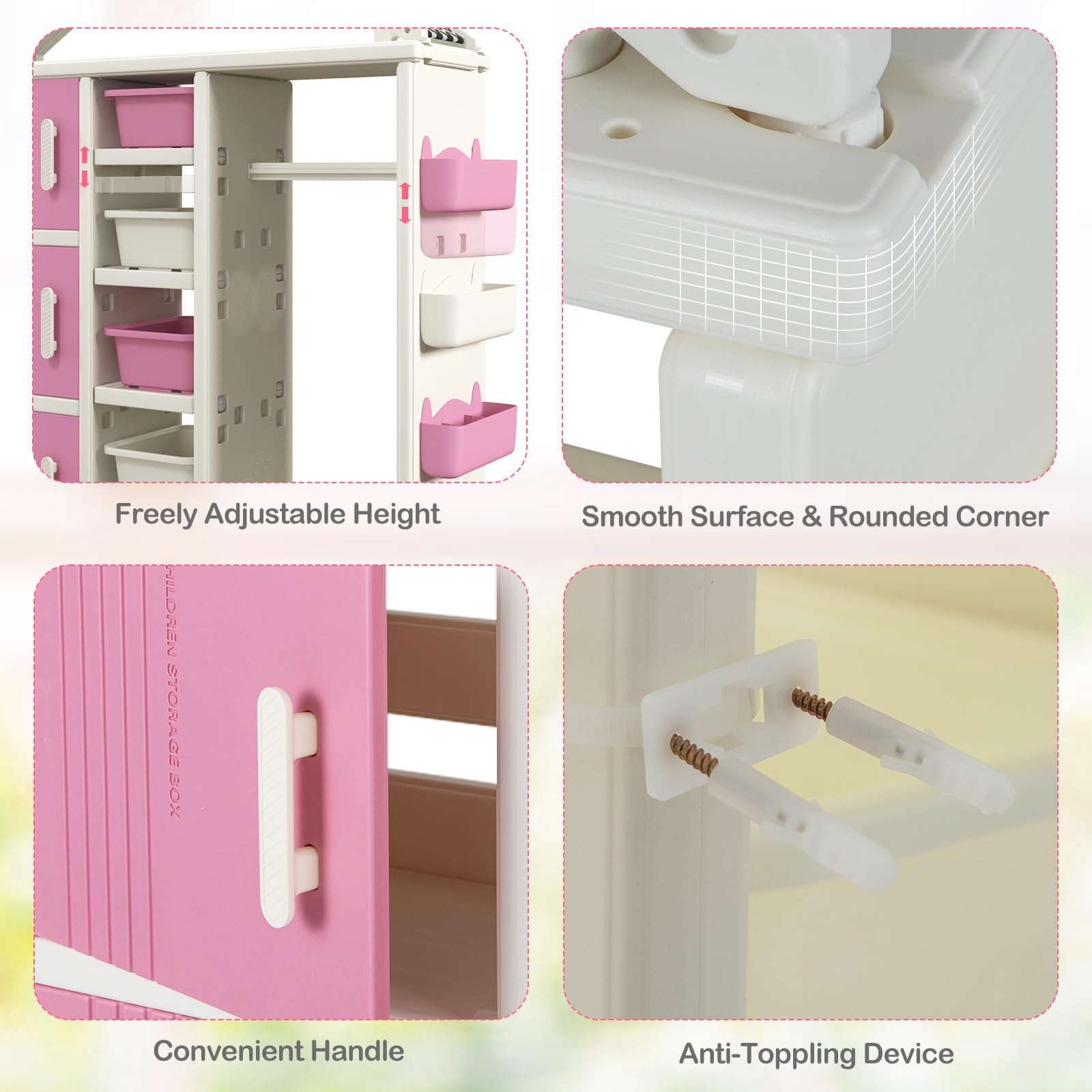 FANTASK Kinderregal in Hausform, 130 x 34 x 156 cm, Kindergarderobe mit Regalen, Seitenkörben & 4 Aufbewahrungsboxen, Kinder Kleiderschrank für Kinderzimmer (Rosa)