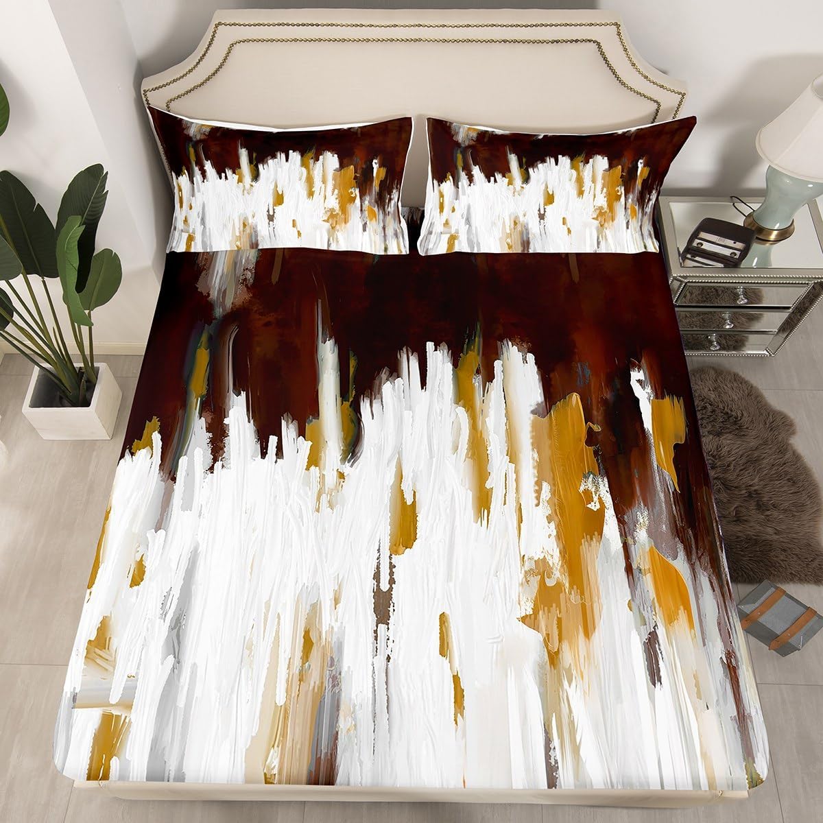 Erosebridal Mahogany Sheet Set King,Abstract Oil Painting Striped Sheets Watercolor Brush Strokes Ombre Bed Sheets Set,Modern Contemporary Room Decor