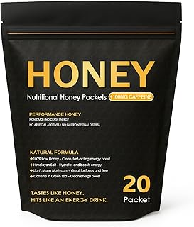 Nutrition Honey Packets - Nutritional Raw Honey, 100mg Caffeine, With Lions Mane Mushroom, Green Tea Caffeine, Himalayan Salt, Boost Energy & Keeps Focused, 100% Natural