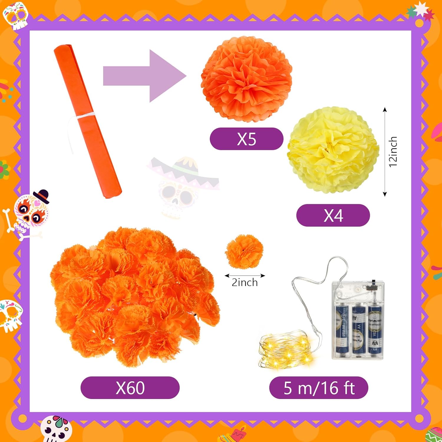 Thiccywoov 80 Pcs Dia De Los Muertos Altar Ofrenda Decoration Mexican Table Runner Banner Marigold Flower for Ofrenda Altar Day of Dead Cinco de Mayo Decoration(Orange Yellow)