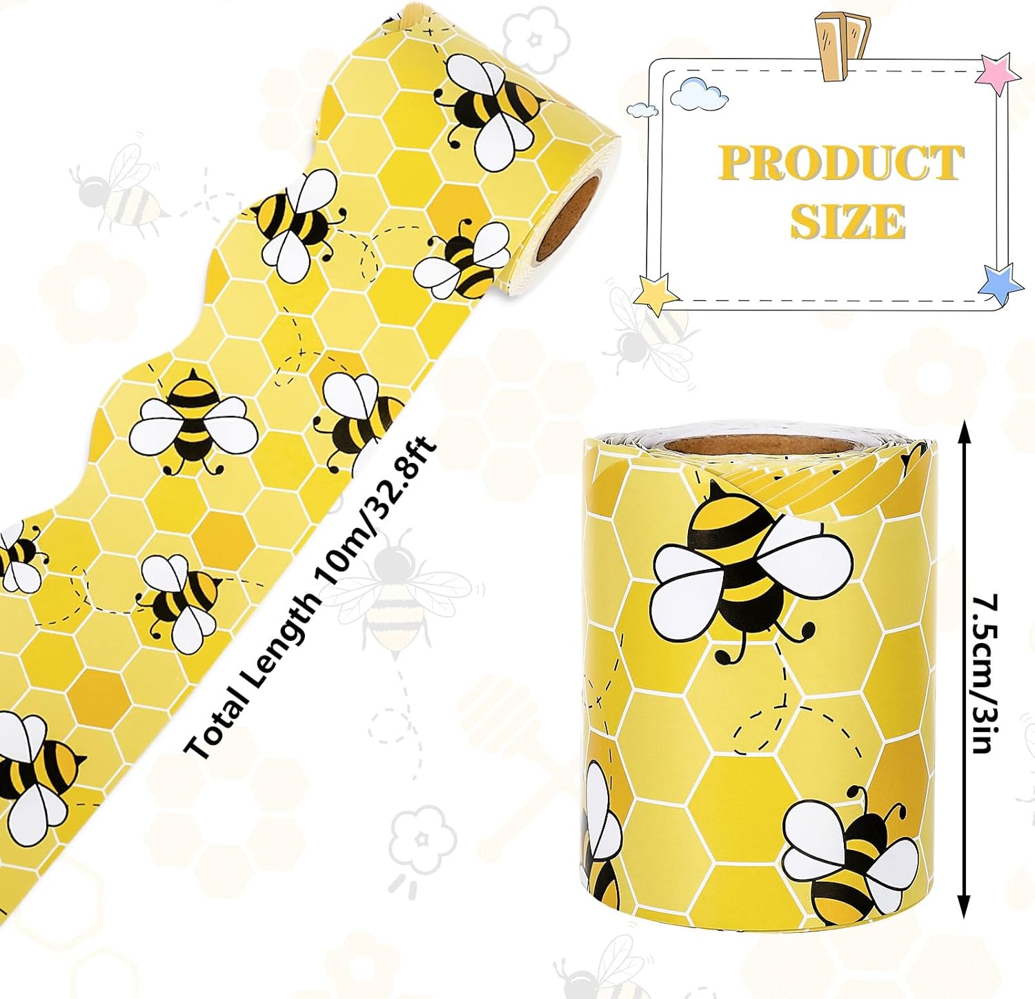 Whaline 32.8 Ft Summer Bulletin Board Border Yellow Bee Honeycomb Scalloped Die Cut Trim Border Roll for Summer Bee Day Home Party Supplies
