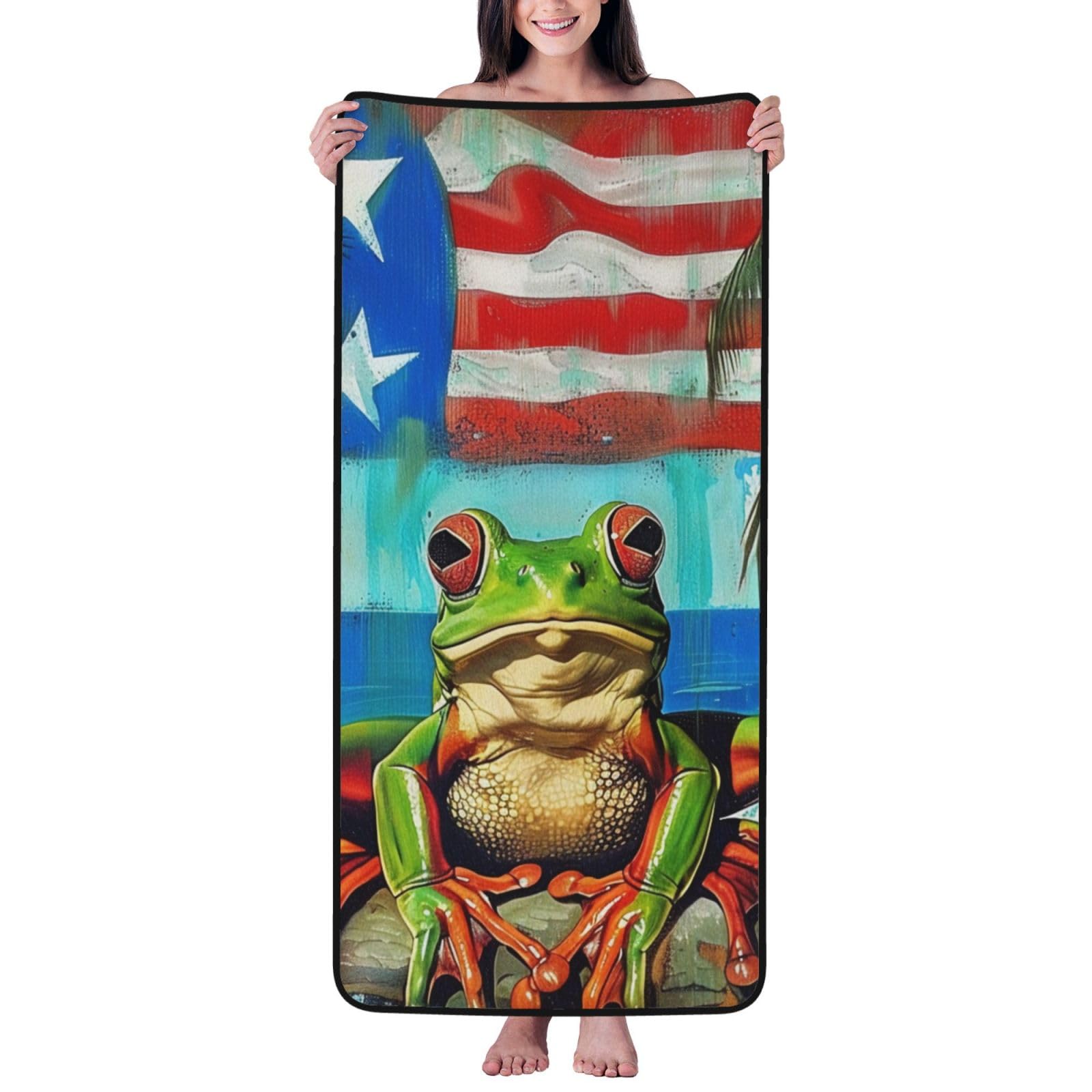 WPKJU Puerto Rico Flag Frog Palm Trees Printed Bath Towel with Black Edging - 27x55 in Soft Extra Absorbent Coral Velvet Shower Towels for Bathroom