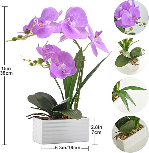 Vista 31 de Flores artificiales de orquídea de tacto real en maceta, flor falsa de Phalaenopsis con jarrón de cerámica blanca, arreglo de orquídeas sintéticas