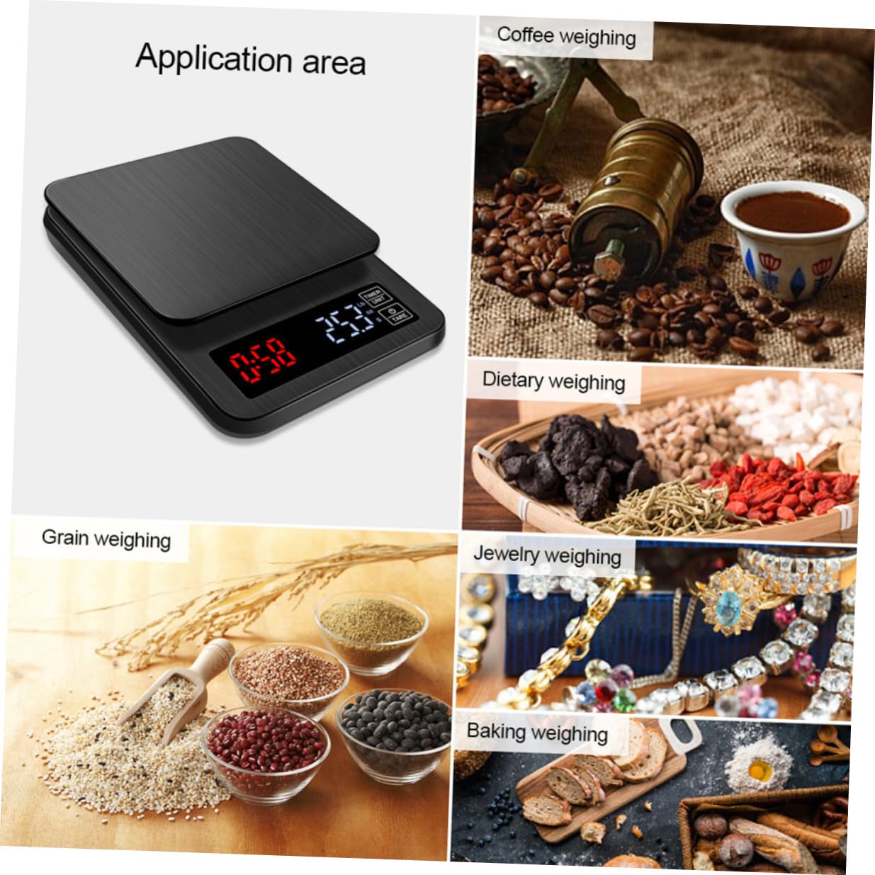 Báscula Digital Capacidad 5kg con Temporizador y Sensores de Precisión Pantalla LED Grande para Cocina y Café Adecuado para Cocinar y Hornear