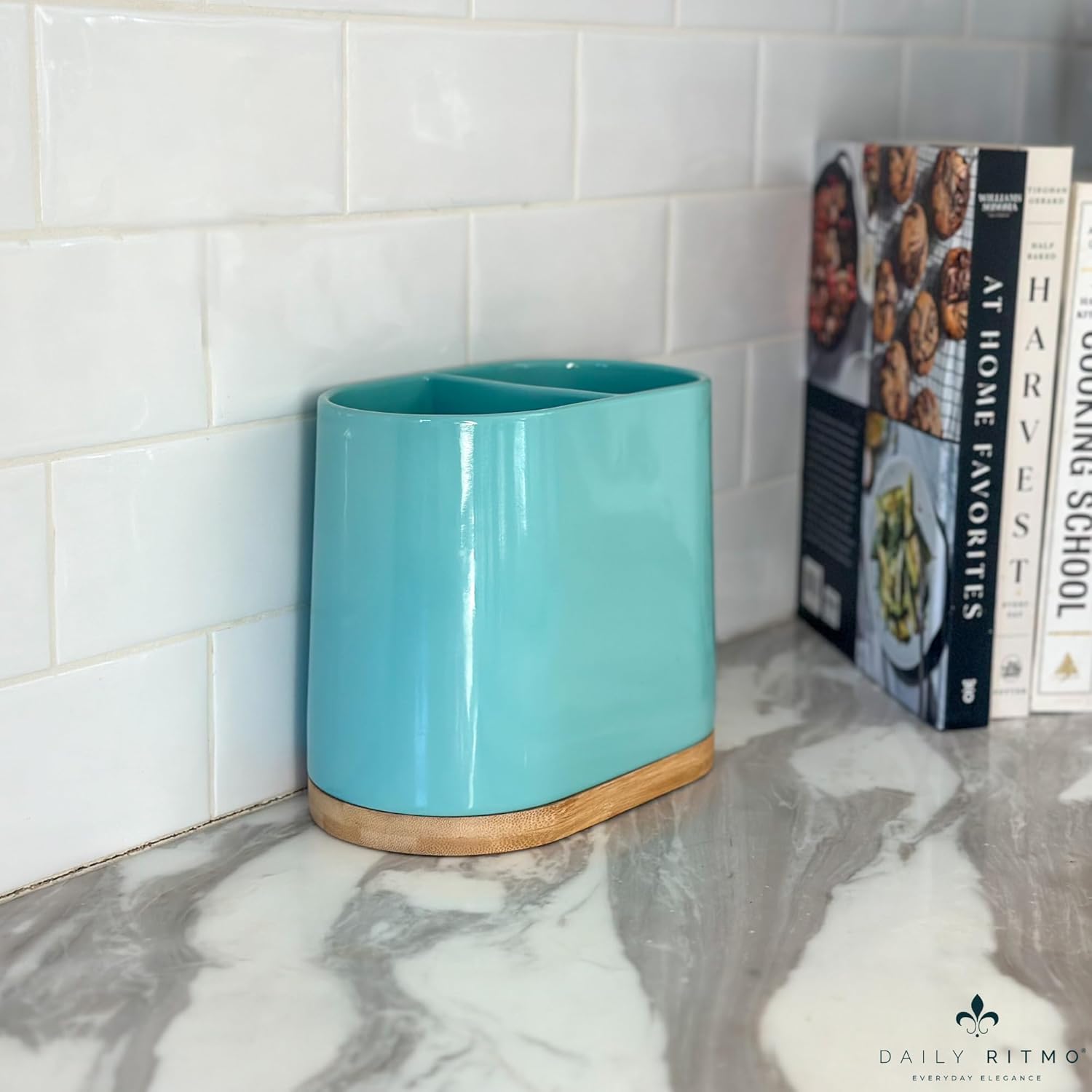 DAILY RITMO® Turquoise Aqua Large Oval Utensil Holder with Bamboo Base and Divider