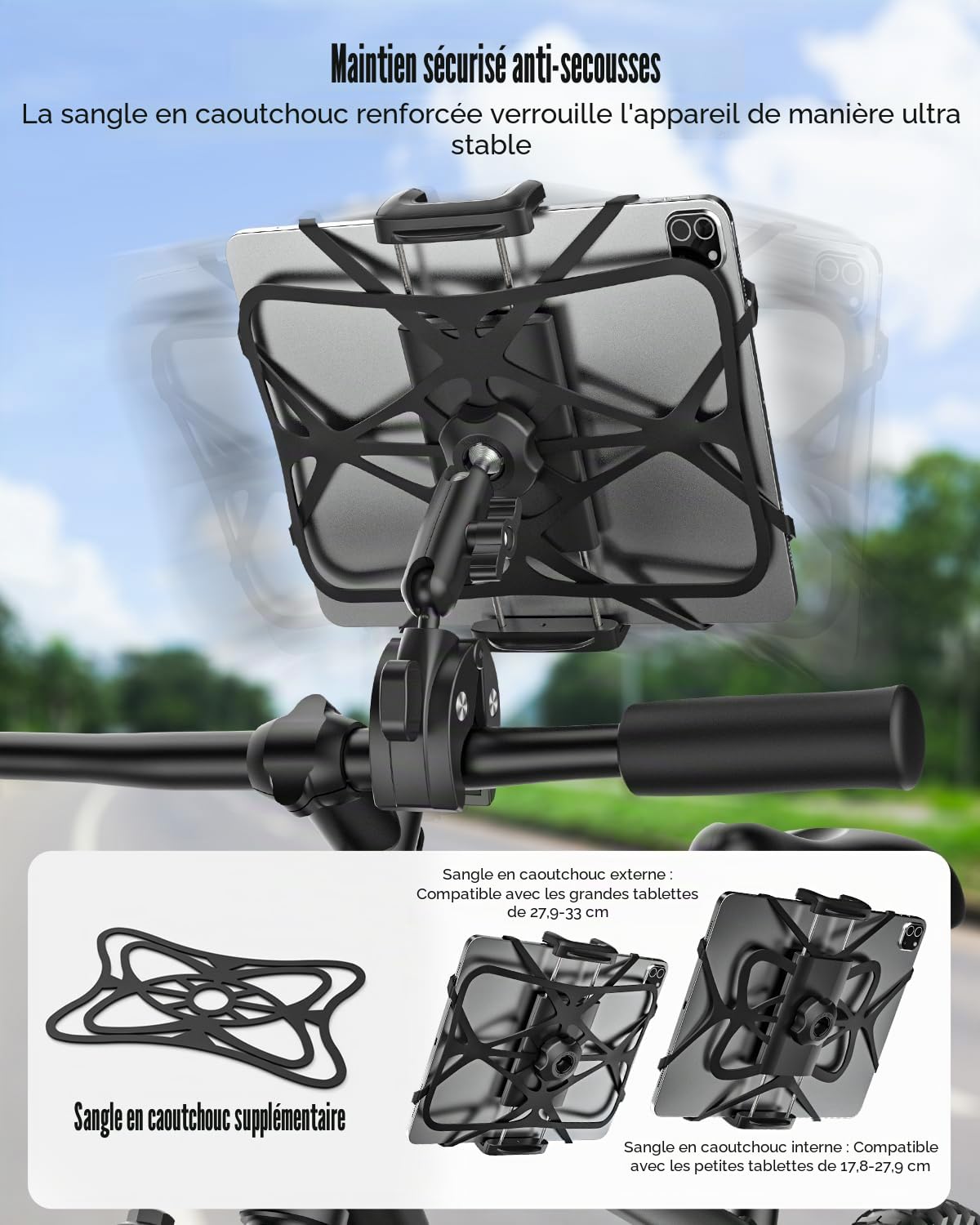 Multi-Fonction Métal Support Tablette Moto Vélo [Design Contemporain], Rotation libre 360° universelle Porte tablette guidon, pour iPad, Sumsung Tab, Sony Autre 4.7-12.9" Telephone et Tablette