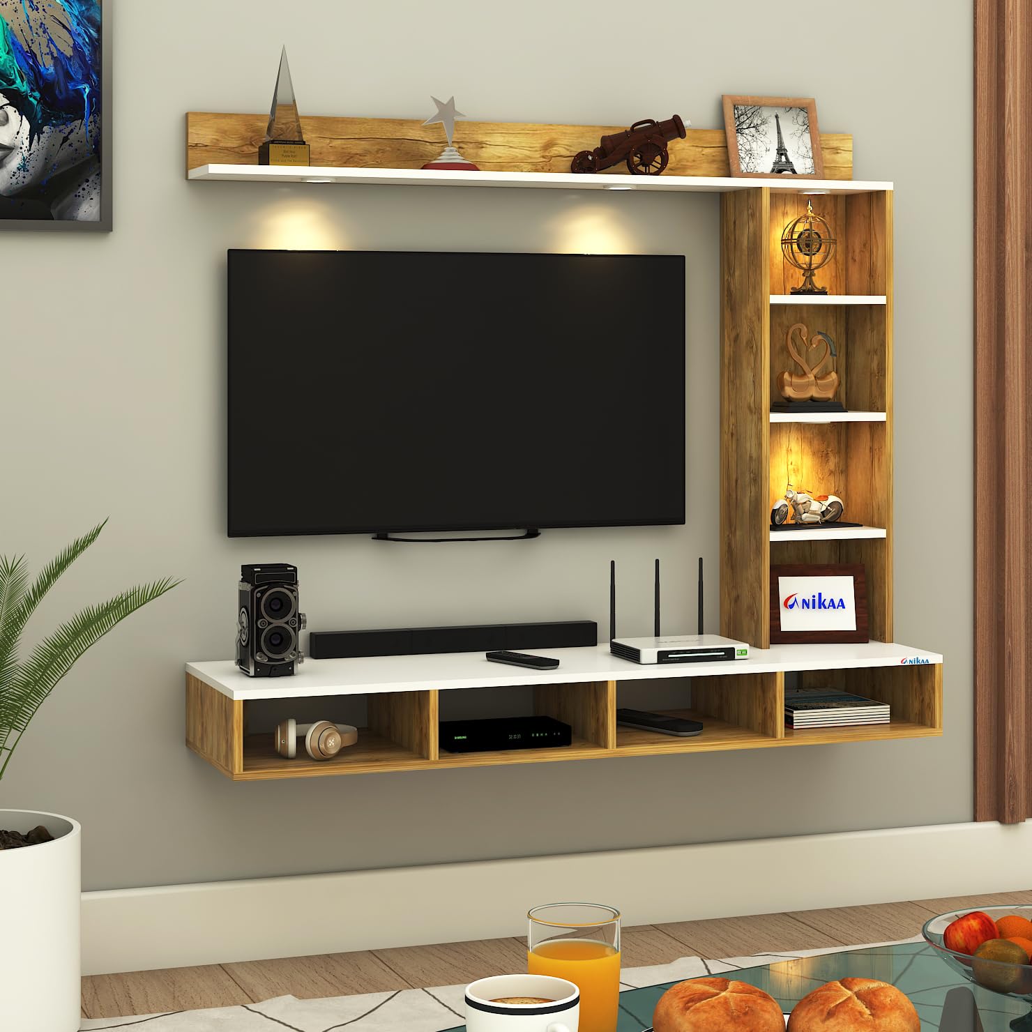 Anikaa Briza Engineered Wood Wall Mounted TV Unit with 4 LED Lights, 9 Open Display Boxes & Shelf Design for Living Room | Ideal for Upto 43 Inch TV- Gaintwood/White(DIY Installation)