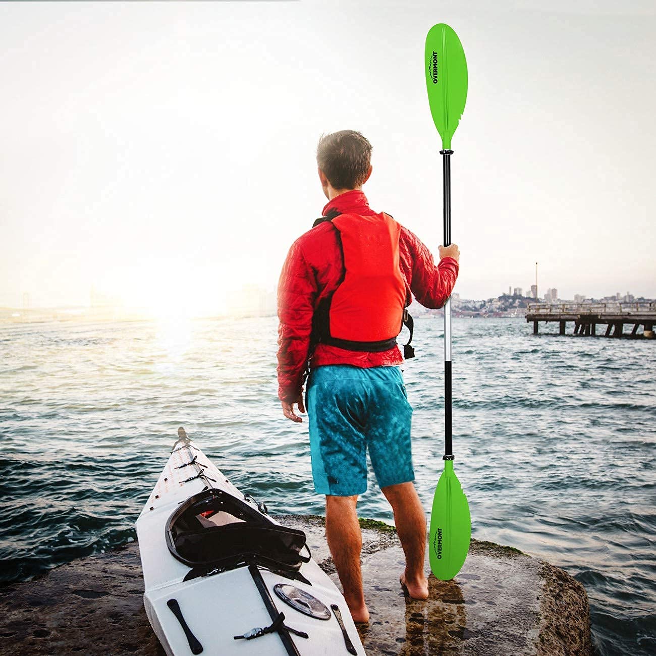 OVERMONT Pagaie de Kayak Double 230 cm avec Cordon de Sécurité, Pagaie Aluminium Démontable 2 Pièces, 3 Angles Réglables pour Kayak Gonflable, Canoë et Bateau