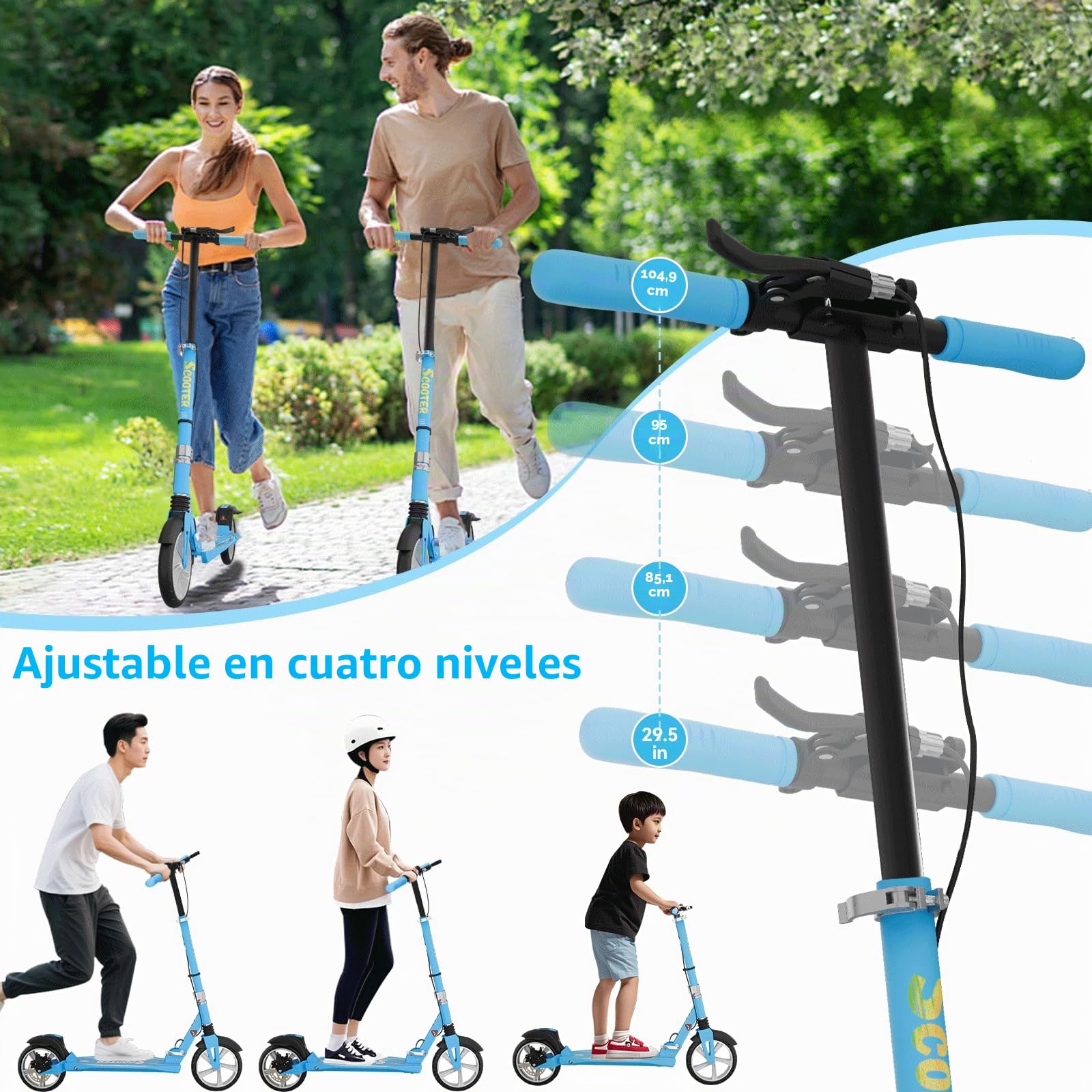 MEE GOO Patinete H007D plegable para adultos, freno de disco, ruedas 200 mm, ABEC-7, cubierta antideslizante rosa